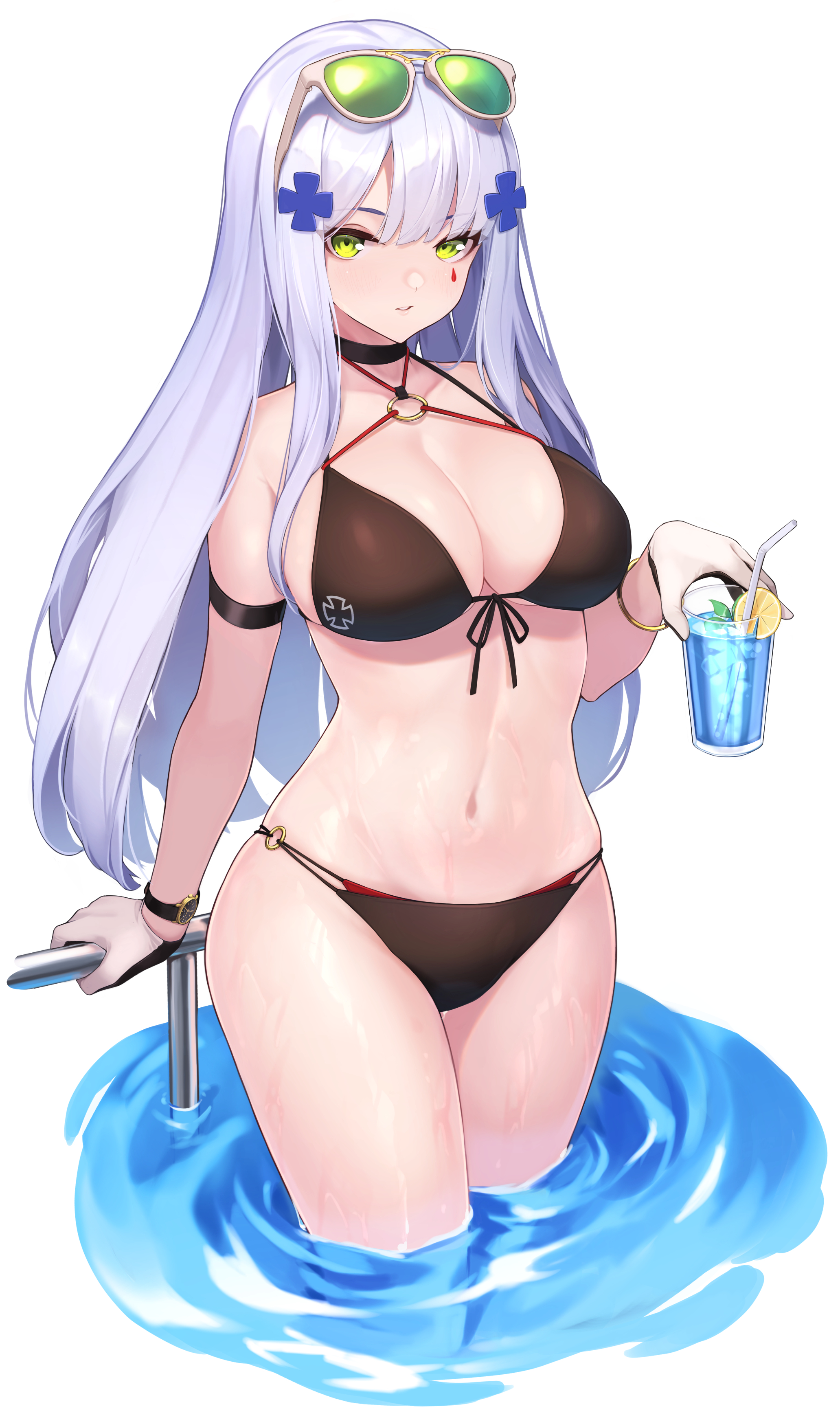 1girls, bikini, blue hair, breasts, choker, female, girls' frontline, green eyes, hk416 (girls' frontline), large breasts, mari0ball, revealing clothes, swimsuit, tattoo, thick thighs, thighs, white hair