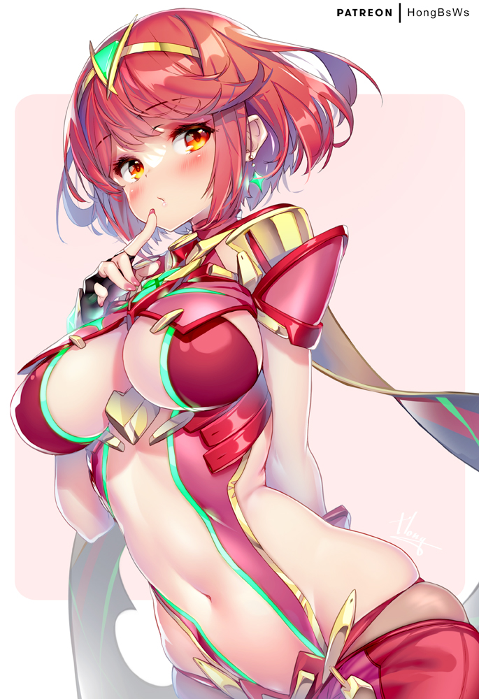 1girls, blush, breasts, earrings, female, female only, fingerless gloves, hong (white spider), latex, midriff, patreon, patreon reward, pyra, red hair, short hair, simple background, solo, solo female, tiara, xenoblade (series), xenoblade chronicles 2