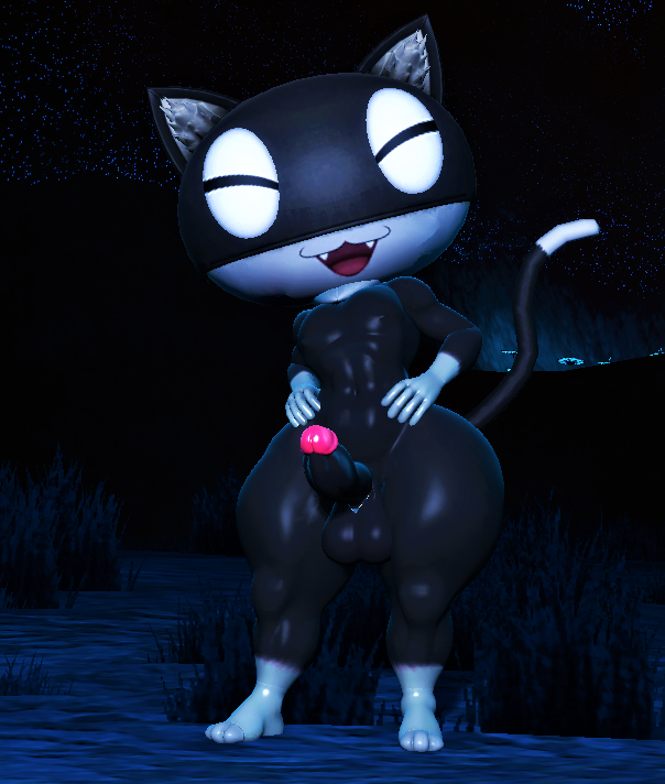 3d_(artwork) anthro atlus balls barefoot closed_eyes digital_media_(artwork) domestic_cat erection feet felid feline felis genitals male male_focus male_only mammal megami_tensei megami_tensei_persona morgana_(persona) nude penis pichuroy raised_tail smile solo solo_male source_filmmaker video_games wide_hips