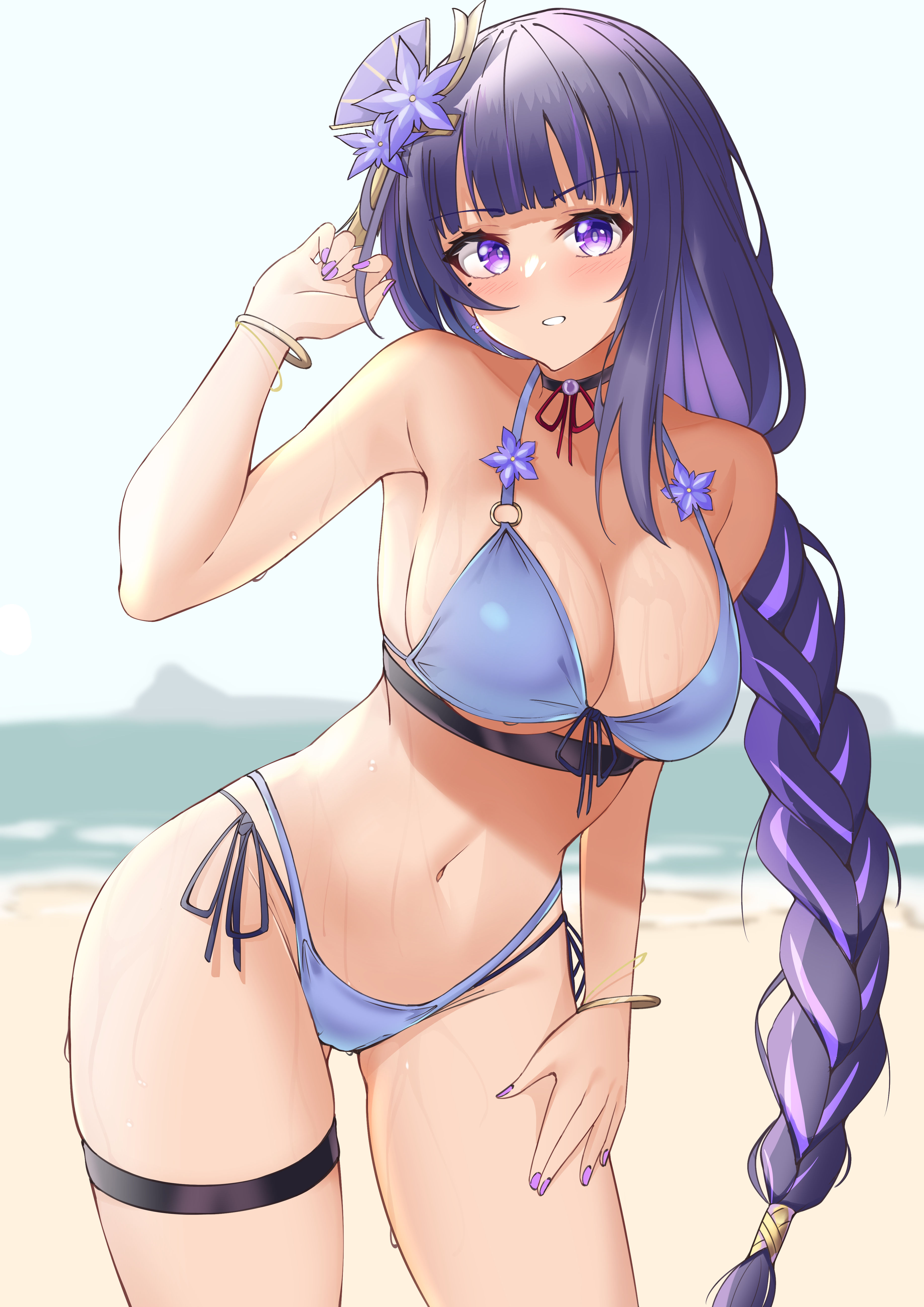 1girls, beauty mark, bikini, blush, breasts, choker, female, genshin impact, large breasts, midriff, mole, mole under eye, navel, parfaitdesu, purple eyes, purple hair, raiden shogun, swimsuit, thick thighs, thighs