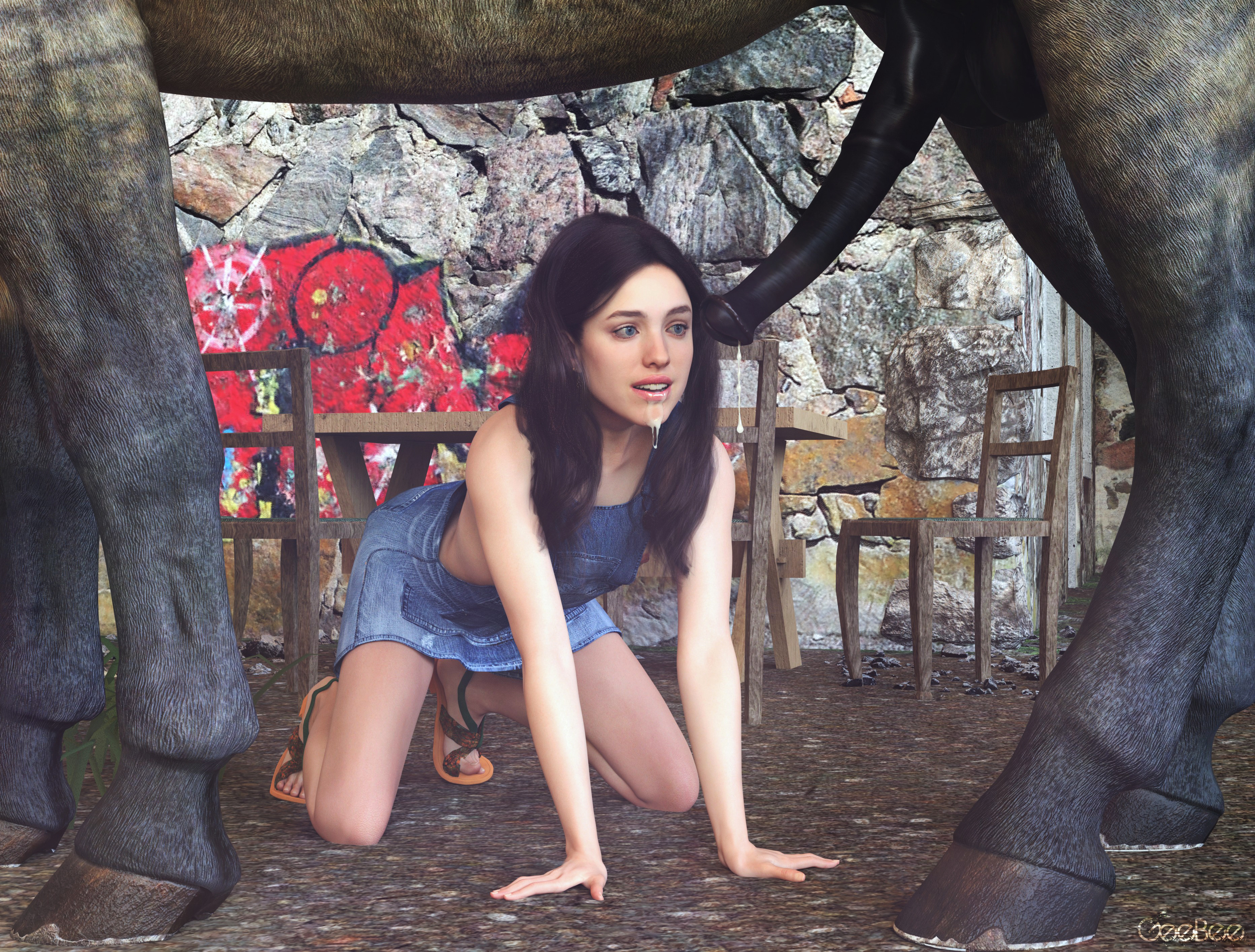 1boy, 1girls, 3d, after fellatio, all fours, black hair, chair, cum dripping from penis, cum on chin, death stranding, denim, female, female focus, female human/male feral, feral on female, feral on human, flip flops, geebee, happy, horse, horsecock, huge cock, human female, human on feral, light skin, light-skinned female, long hair, male, on ground, parted lips, penis, sandals, table, zoophilia