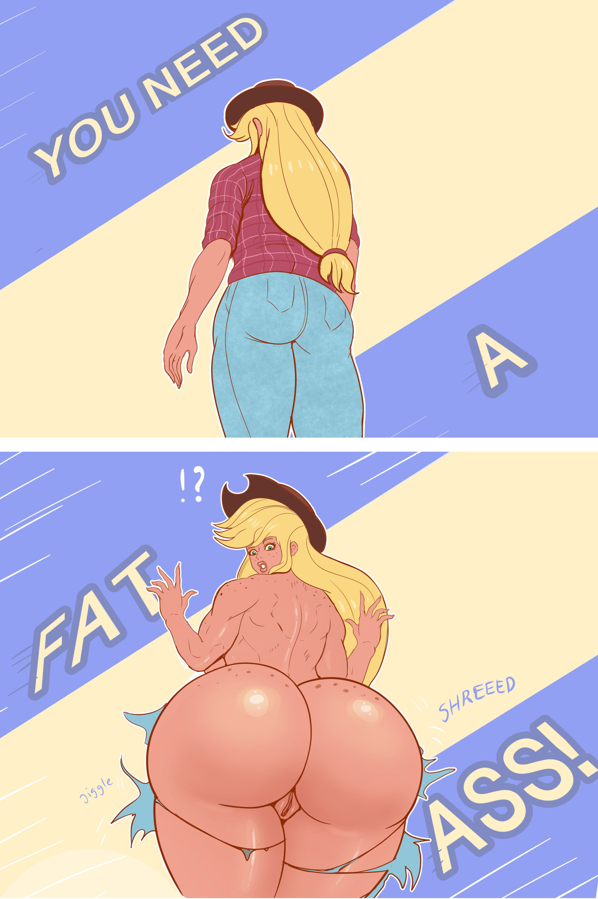 1girls, annon, applejack (mlp), ass, ass expansion, before and after, bimbo, bimbofication, blonde hair, breasts, female, friendship is magic, hasbro, huge ass, huge breasts, human, humanized, long hair, my little pony, pussy, ripped clothing, smooth skin, solo, text, thick thighs, torn clothes, wardrobe malfunction, wide hips