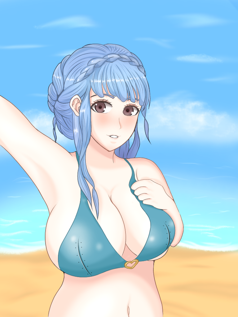 1girls alternate_breast_size alternate_costume armpits beach big_breasts bikini blue_bikini blue_hair blue_swimsuit breasts brown_eyes chubby cubabas fire_emblem fire_emblem:_three_houses grin heart_ring huge_breasts large_breasts light_blue_hair looking_at_viewer marianne_von_edmund medium_hair nintendo o-ring o-ring_bikini ocean sand seaside selfie sideboob smile solo swimsuit underboob