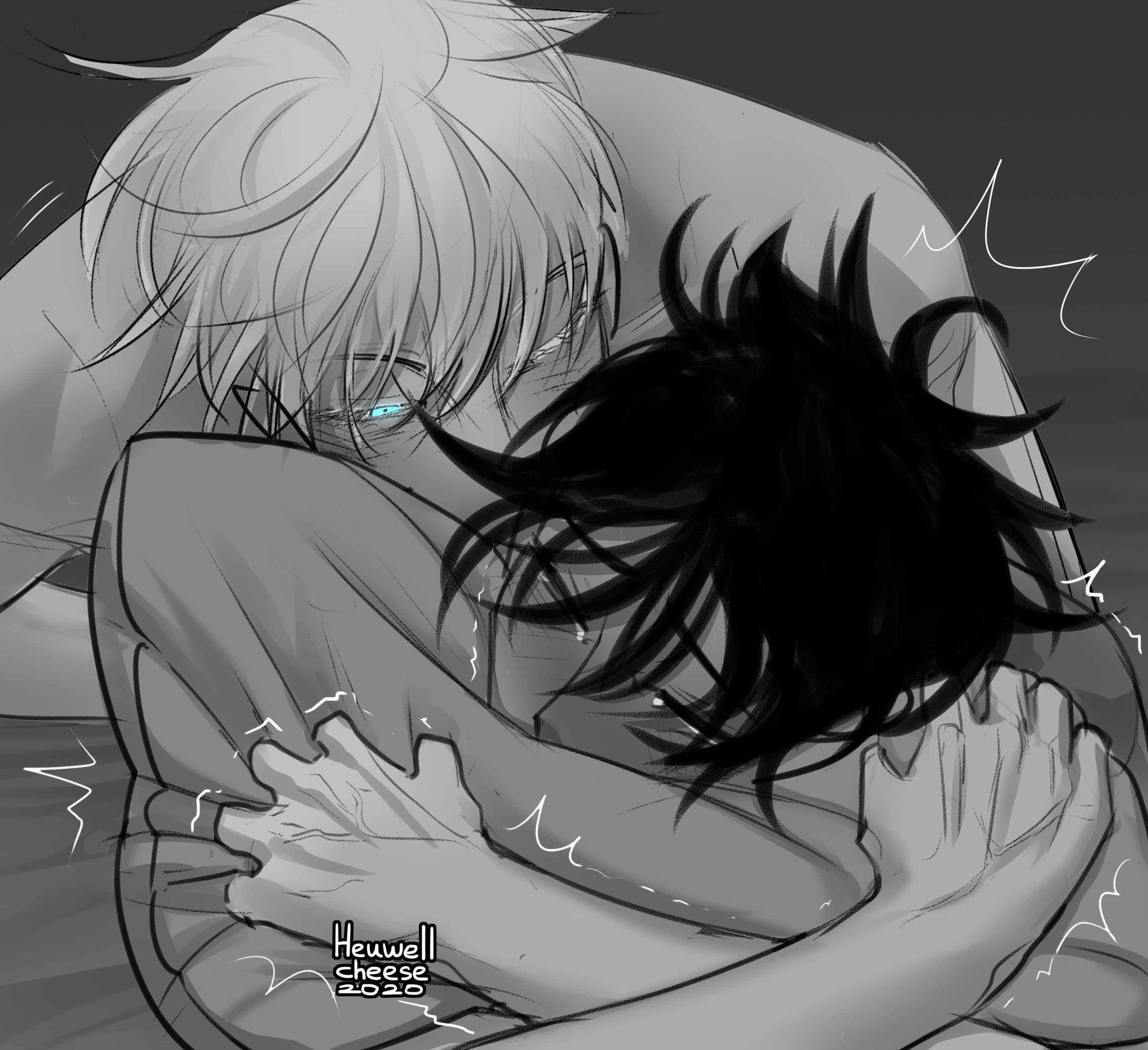 aged up, crying, domination, flustered, fushiguro megumi, gay, heuwell cheese, implied penetration, implied sex, jujutsu kaisen, male, pillow grab, rubbing, satoru gojo, submissive male, yaoi