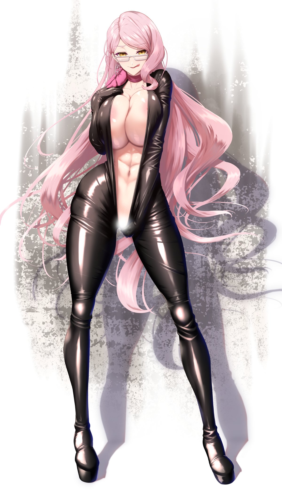:p, 1girls, abs, anime style, ass, black latex, breasts, earrings, fate (series), female, glasses, grin, hand on breast, high heels, huge breasts, koyanskaya, koyanskaya (assassin first ascension), koyanskaya (assassin), koyanskaya (fate), latex, latex suit, long hair, long legs, neck ribbon, nipple slip, nipples visible through clothing, no bra, no panties, pink eyes, pink hair, seductive, seductive look, seductive pose, showing breasts, showing off, silver glasses, skimpy, smug, solo, teasing, teasing viewer, thick ass, thick legs, thick thighs, tight clothing, tongue, tongue out, wavy hair, yellow fur