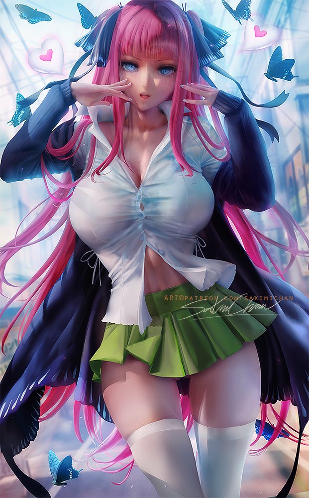 1girls, 2021, artist signature, blue eyes, breasts, butterfly, butterfly hair ornament, female, female focus, female only, go-toubun no hanayome, hair ornament, large breasts, long hair, looking at viewer, nakano nino, pink hair, sakimichan, school uniform, schoolgirl, short skirt, skirt, thick thighs, thighhighs, thighs, watermark