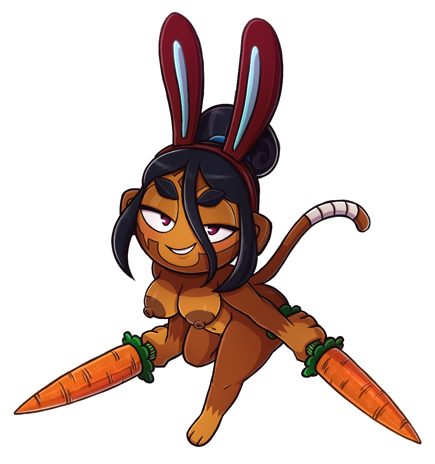 alpha channel, barefoot, bedroom eyes, big breasts, black hair, bloons td 6, bloons tower defense, blush, breasts, brown body, brown fur, brown nipples, bunny ears (cosmetic), carrot, curvy figure, dark hair, darknessblinds, feet, female, female focus, food, for sticker use, fur, hair, haplorhine, hi res, looking at viewer, mammal, melee weapon, monkey, monkey girl, narrowed eyes, ninja kiwi, nipples, no background, nude, outline, plant, png, png conversion, png file, pose, primate, pubes, purple eyes, sauda (bloons), seductive, smug, solo, standing, sticker, sticker template, stickers, sword, tied hair, toes, transparent background, transparent png, vegetable, weapon, wide hips
