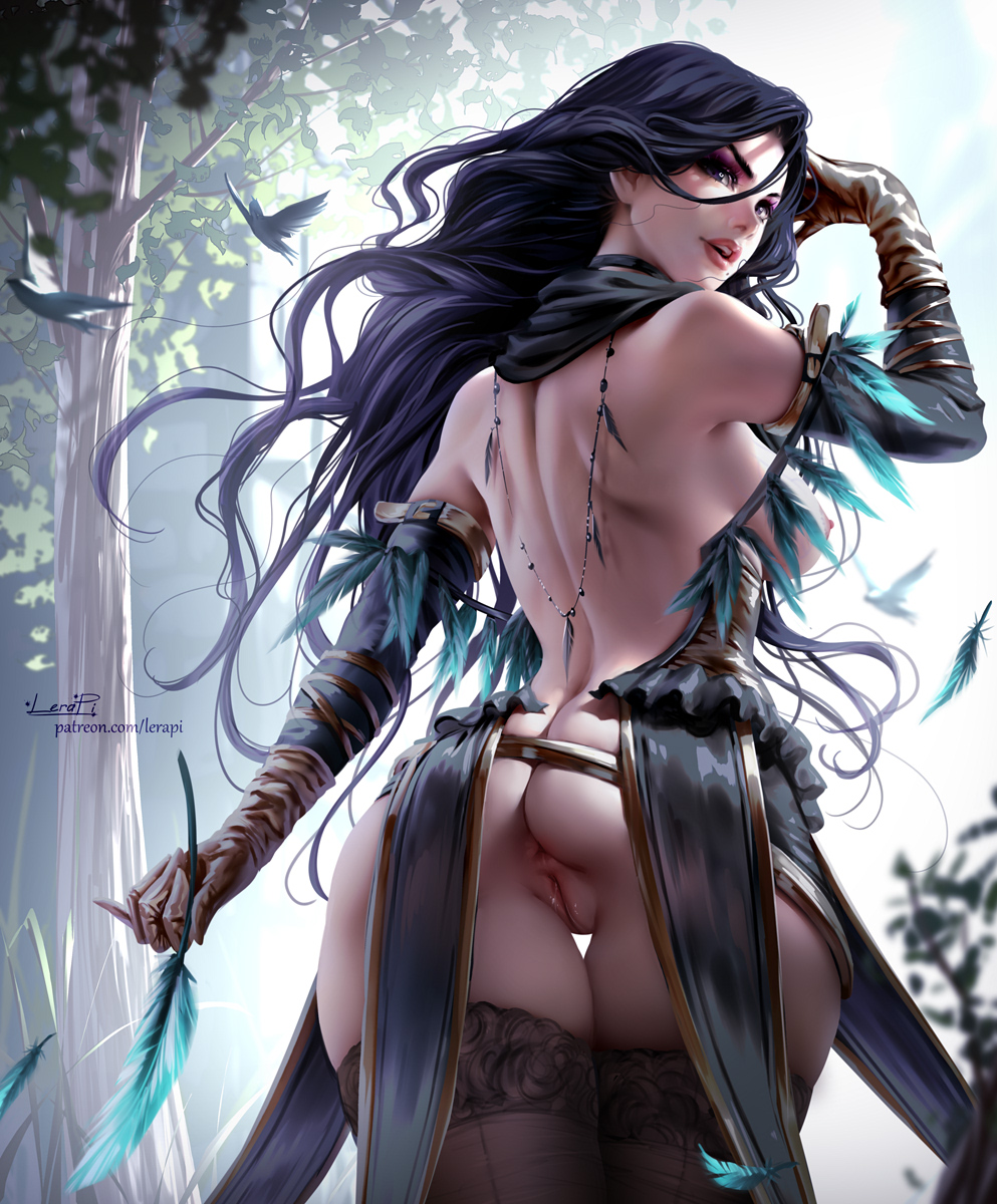 1girls, aleriia v, anus, areolae, ass, big ass, black hair, breasts, brown gloves, cd projekt red, erect nipples, female, female only, gloves, innie pussy, large breasts, lerapi, light skin, light-skinned female, long hair, looking at viewer, looking back, nipples, open mouth, pink nipples, purple eyes, pussy, realistic, solo, solo female, stockings, the witcher (series), the witcher 3: wild hunt, thick thighs, wide hips, yennefer