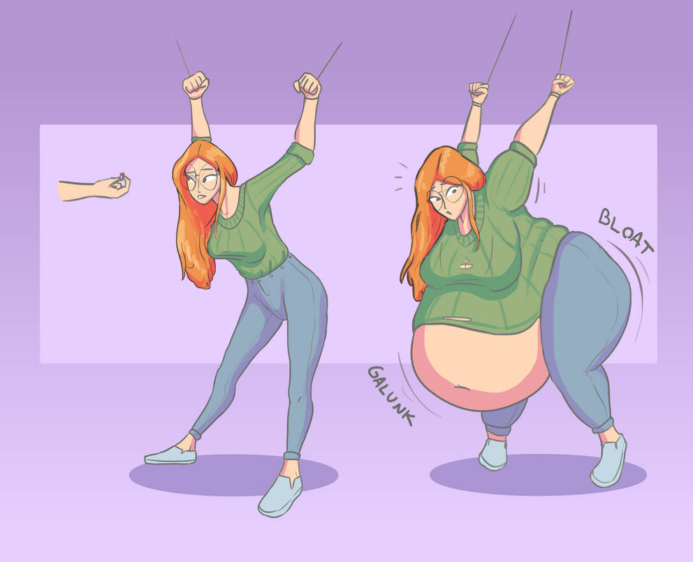 arms tied, arms up, ass, big belly, breasts, denim, fat, fat ass, force feeding, glasses, green shirt, green sweater, huge belly, immobile, immobilization, jeans, large breasts, long hair, massive belly, multiple views, onomatopoeia, orange hair, pants, pill, pills, red hair, shirt, shoes, sweater, thin waist, villaru, weight gain