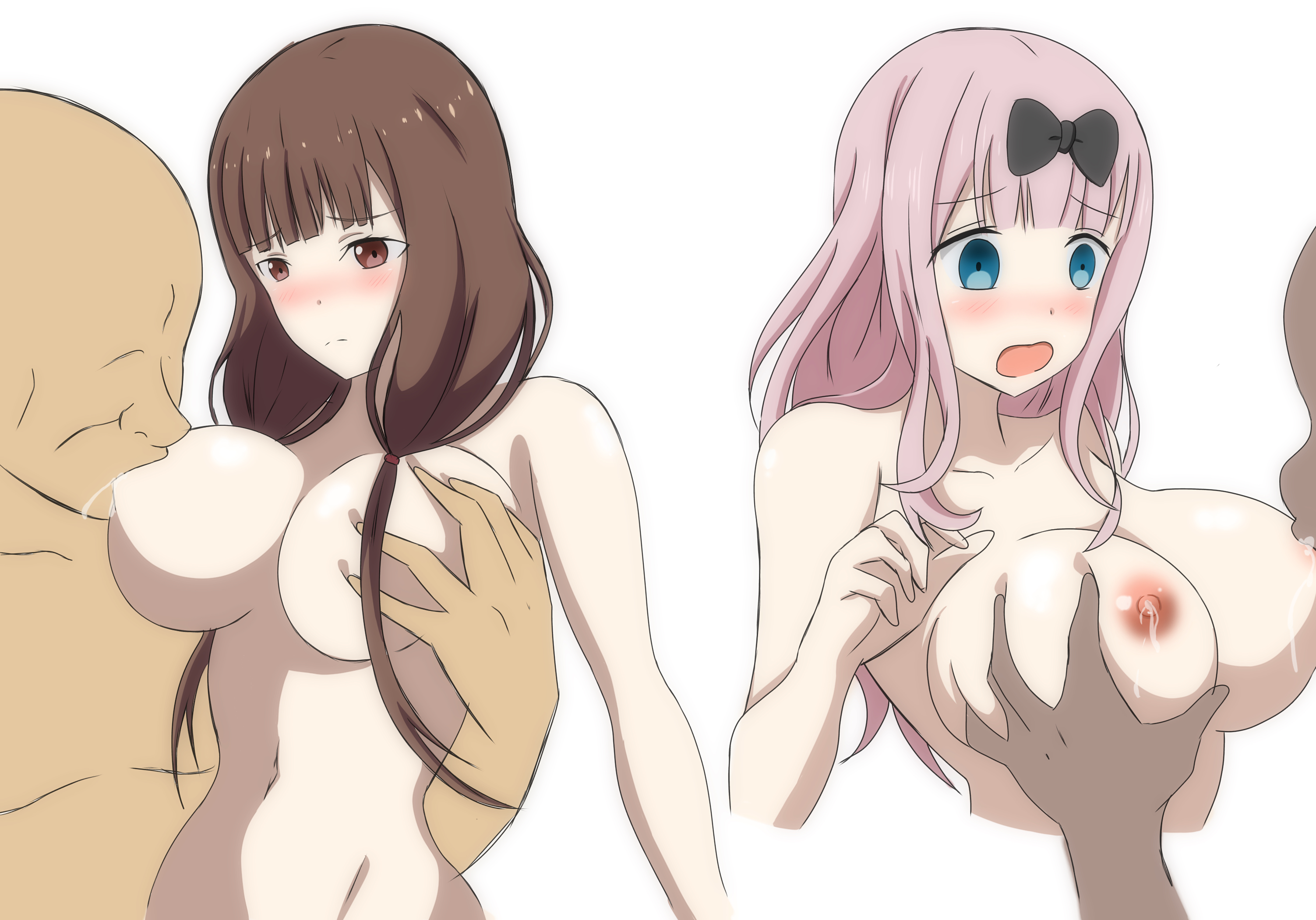 2girls, alternate breast size, breast grab, breast sucking, breasts, brown hair, female, fujiwara chika, human, iino miko, kaguya-sama wa kokurasetai ~tensai-tachi no renai zunousen~, male, multiple boys, multiple females, multiple girls, multiple males, nude, nude female, pink hair
