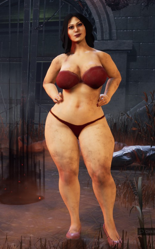 1girls, 3d, big breasts, black eyes, black hair, bra, breasts, dbd, dead by daylight, female, female focus, female only, hands on hips, hips, jane romero, large breasts, larger female, long hair, nail polish, nails, panties, red lipstick, screencap, screenshot, solo, solo female, solo focus, thick, thick thighs, thong, underwear, white skin
