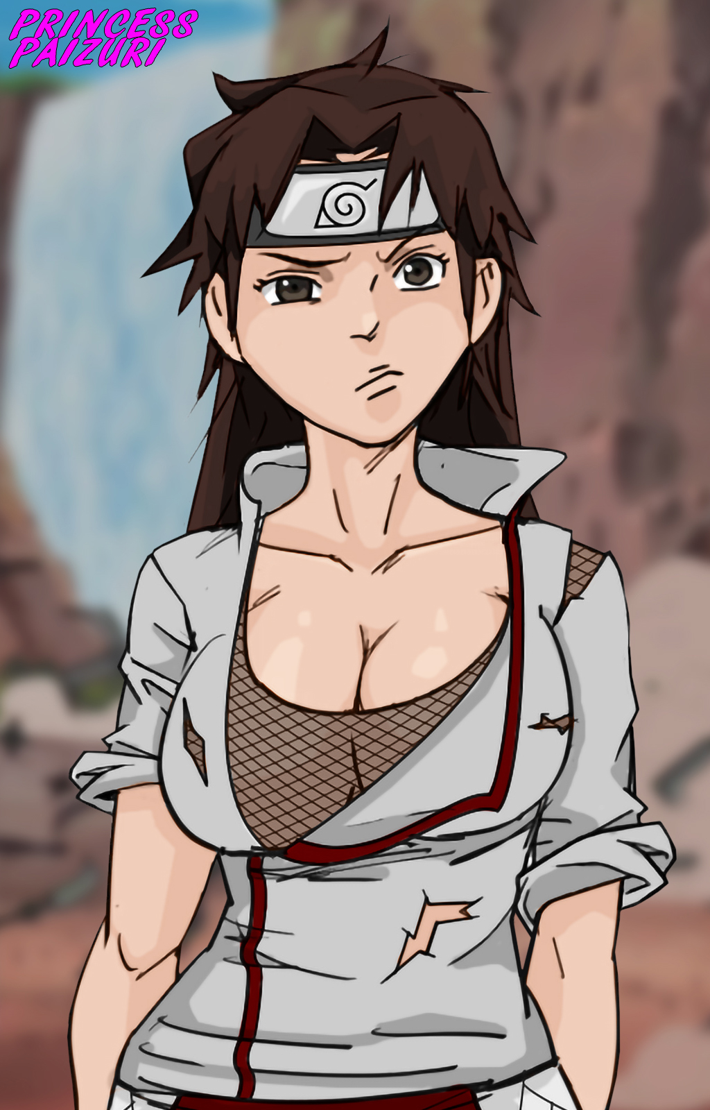 1girls, alternate breast size, big breasts, breasts, busty, clothed female, clothing, damaged clothes, dirty, female, female only, forehead protector, hair down, headband, huge breasts, konohagakure symbol, light skin, light-skinned female, long hair, looking at viewer, loose hair, messy, messy hair, naruto, naruto (series), naruto shippuden, no bra, outdoors, paipan, pale skin, pale-skinned female, pants, princess paizuri, shiny hair, shiny skin, shirt, sleeves rolled up, solo, solo focus, tenten, torn clothes