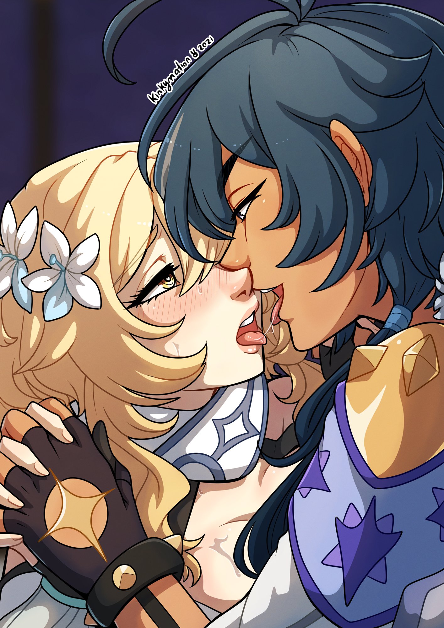 1boy, 1girls, ahoge, amber eyes, blonde hair, blue hair, blush, brown skin, eye contact, female, fingerless gloves, genshin impact, hair flower, hand holding, heart-shaped pupils, hi res, kaeya (genshin impact), kinkymation, kissing, light skin, light-skinned female, lumine (genshin impact), male, narrowed eyes, nose to nose, saliva trail