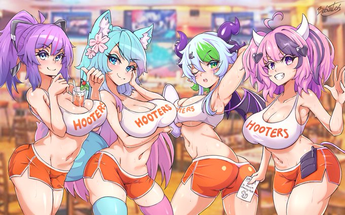 4girls, alternate costume, ass, ass cleavage, ass crack, bebatch, between breasts, breasts, butt crack, cleavage, demon, demon girl, female, female only, froot, hooters, horns, huge breasts, ironmouse, ironmouse (season 2), melody (projektmelody), midriff, multicolored hair, multiple females, multiple girls, projektmelody, silvervale, two-tone hair, virtual youtuber, vshojo, wolf ears, wolf tail