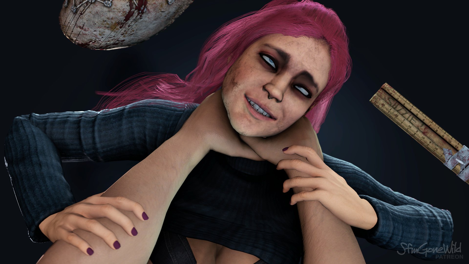 1boy, 1girls, 3d, 3d (artwork), asphyxiation, blue eyes, bra, breasts, choking, dbd, dead by daylight, eyes rolling back, female, forced, laying down, laying on back, male, male pov, male/female, mask, nail polish, nails, on back, partial male, patreon, pink hair, pov, rolling eyes, sfm, sfmgonewild, smile, smiling, susie (dead by daylight), sweater, teeth, the legion, white skin