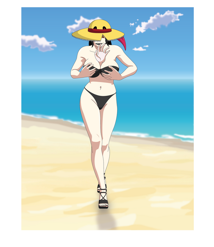 absorption beach big_breasts bikini black_lipstick breast_vore breasts cleavage_vore lipstick open_toe_shoes sandals shibekutaato_(artist) soft_vore thick_thighs voka_vorewitch vore witch