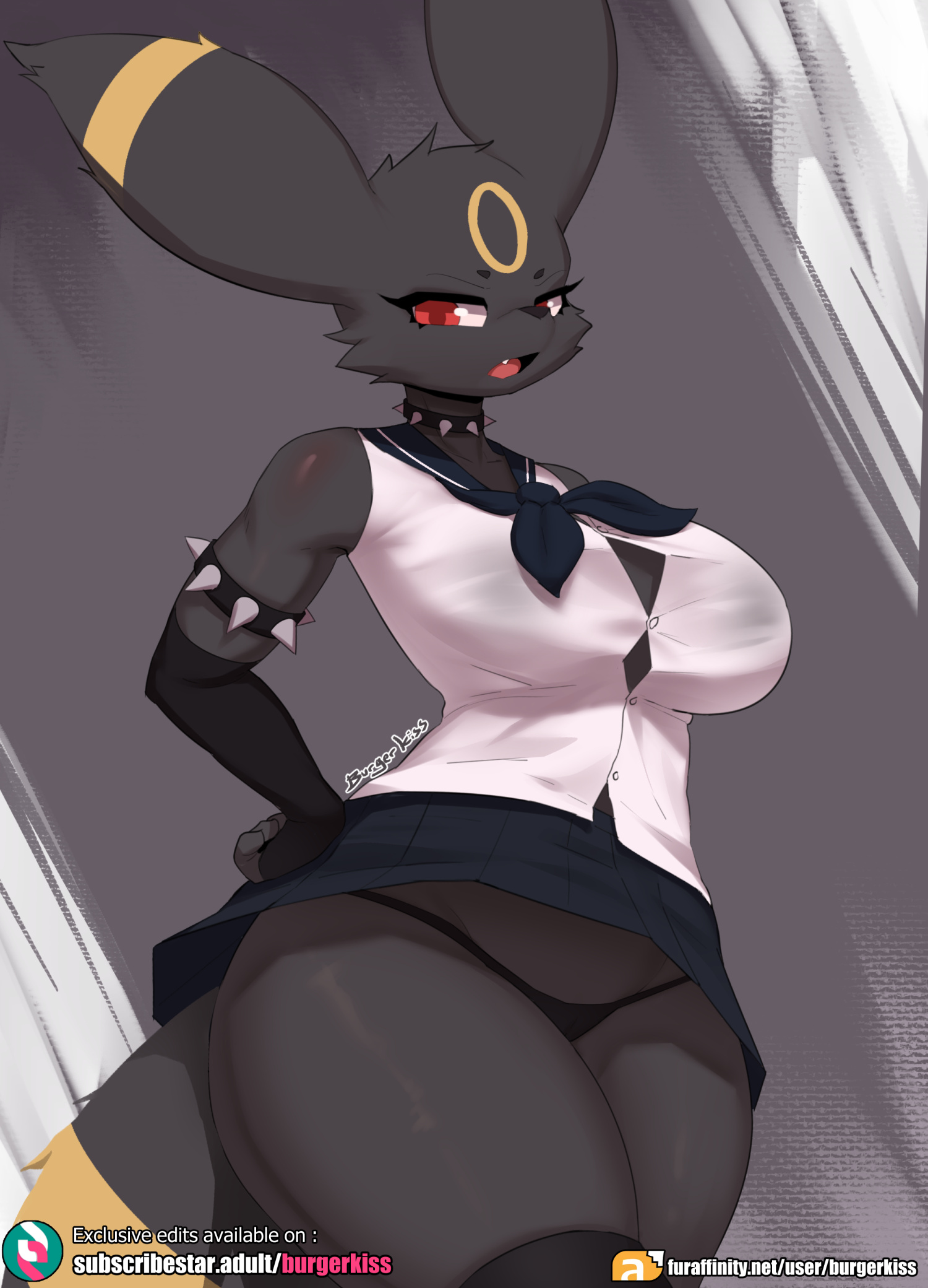 1girls, 2021, 2021s, anthro, anthro female, anthrofied, armlet, artist name, black background, black body, black clothing, black fur, black panties, black underwear, blue microskirt, blue miniskirt, blue skirt, bottomwear, breasts, burgerkiss, circle (marking), clothed, clothing, collar, digital media (artwork), eeveelution, english text, eyelashes, fangs, female, female anthro, female focus, female only, fingerless gloves, fur, furry, furry female, game freak, gen 2 pokemon, generation 2 pokemon, gloves, hi res, legwear, looking at viewer, mammal, markings, microskirt, miniskirt, nintendo, open mouth, panties, pokémon (species), pokemon, pokemon (anime), pokemon (franchise), pokemon (game), pokemon (species), pokemon gsc, pokemorph, red eyes, ring (marking), school uniform, schoolgirl, schoolgirl uniform, shaded, simple background, skirt, solo, solo female, solo focus, spiked armlet, spiked collar, spikes, stockings, subscribestar logo, subscribestar username, tagme, tail, tail markings, teeth, text, thick thighs, thigh highs, thighhighs, thighs, thong, tongue, umbreon, underwear, uniform, video games, watermark, wide hipped anthro, wide hipped female, wide hips