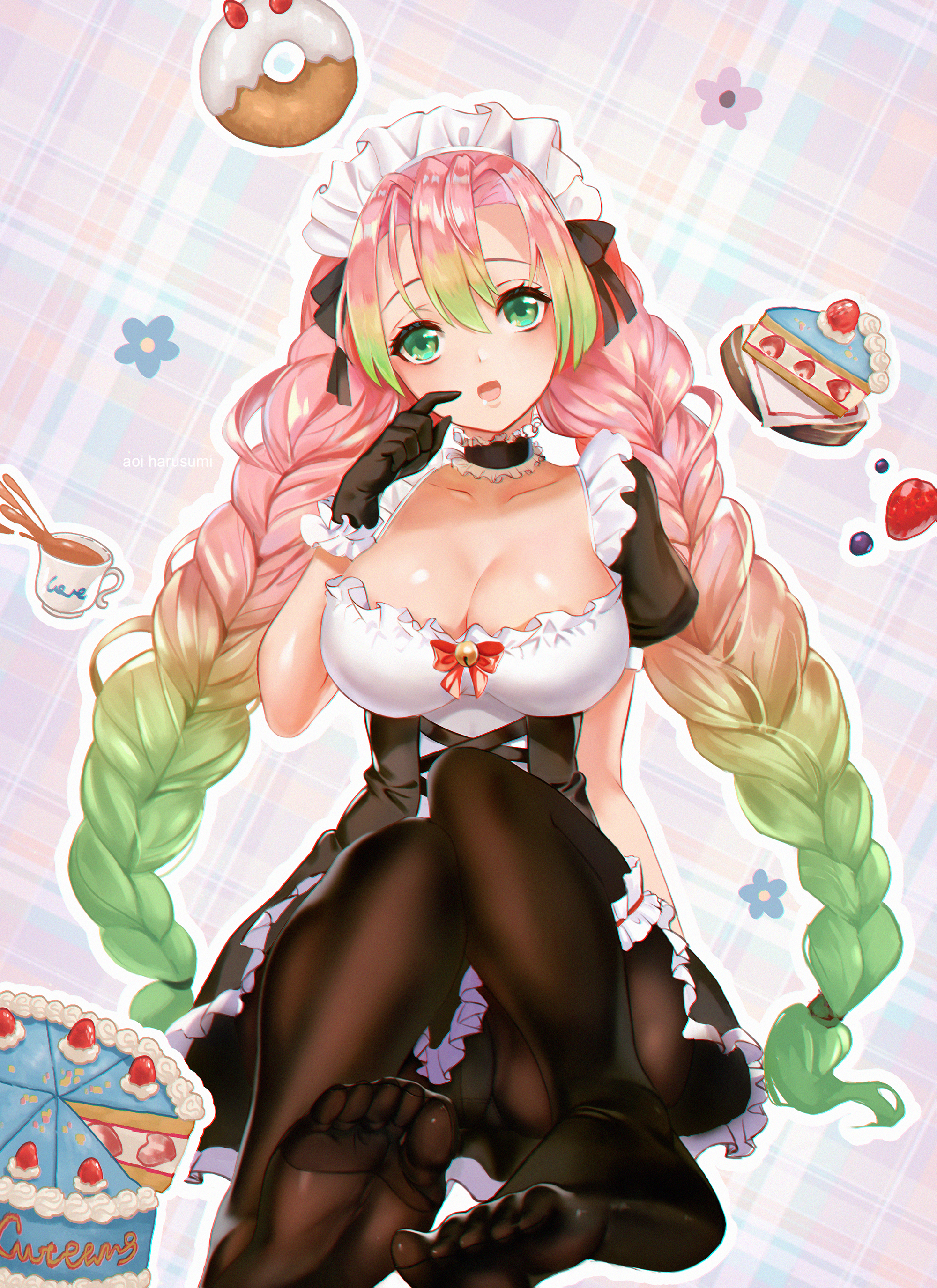 1girls, alternate costume, aoi harusumi, big breasts, braided hair, breasts, choker, cleavage, cute, demon slayer, feet, female, female only, food, foot fetish, frills, garter, gloves, green eyes, kanroji mitsuri, kimetsu no yaiba, long hair, looking at viewer, maid headdress, maid uniform, no shoes, pantyhose, pink hair, pink-haired female, sheer legwear, short sleeves, sitting, soles, solo, toes, two-tone hair