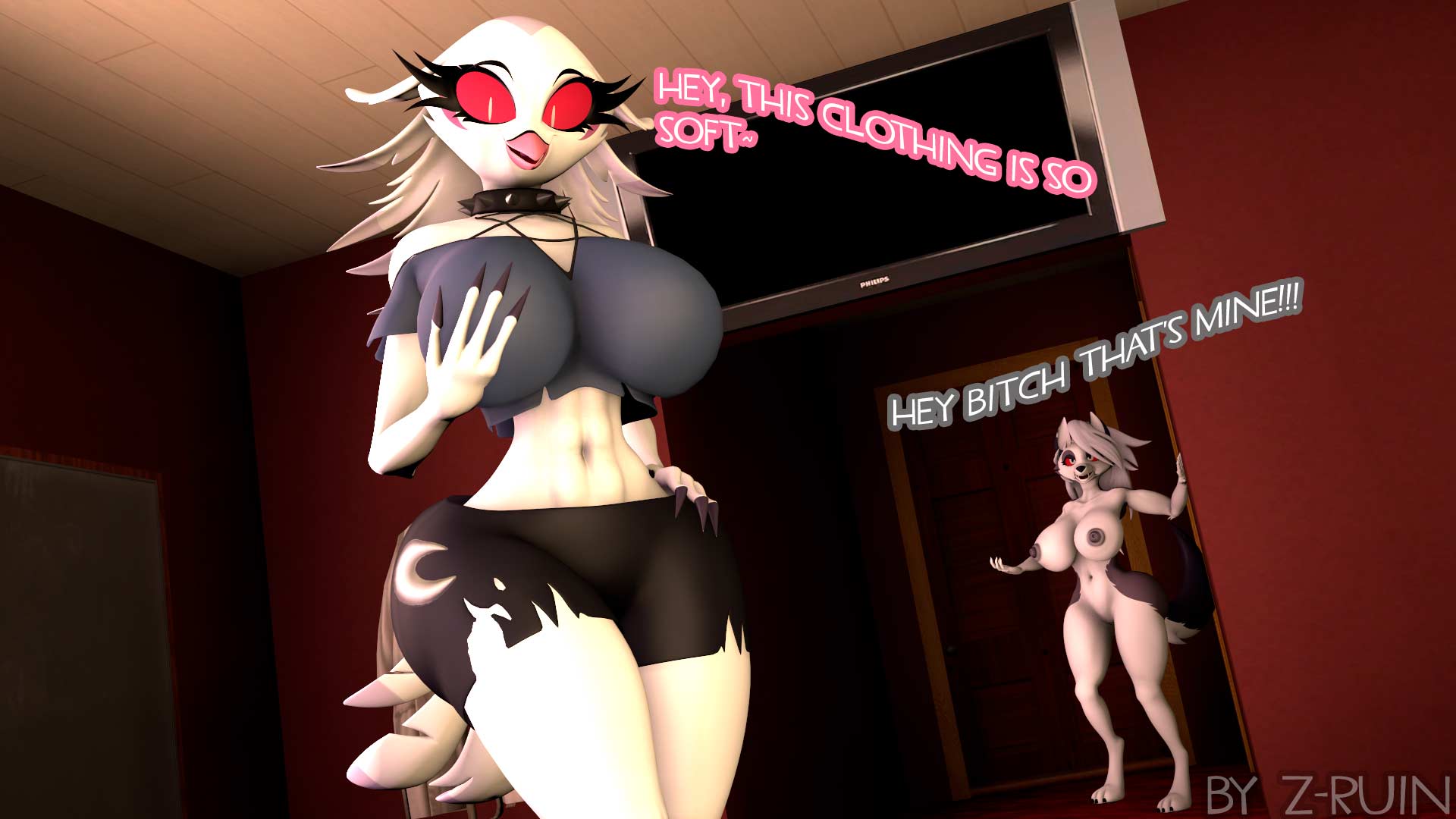 3d, anthro, avian, big breasts, bird, breasts, dialogue, female, female only, goth, hellhound, helluva boss, huge breasts, loona (helluva boss), naked, nude, shorts, source filmmaker, stella (helluva boss), tail, thick thighs, thighs, vivienne medrano, wolf