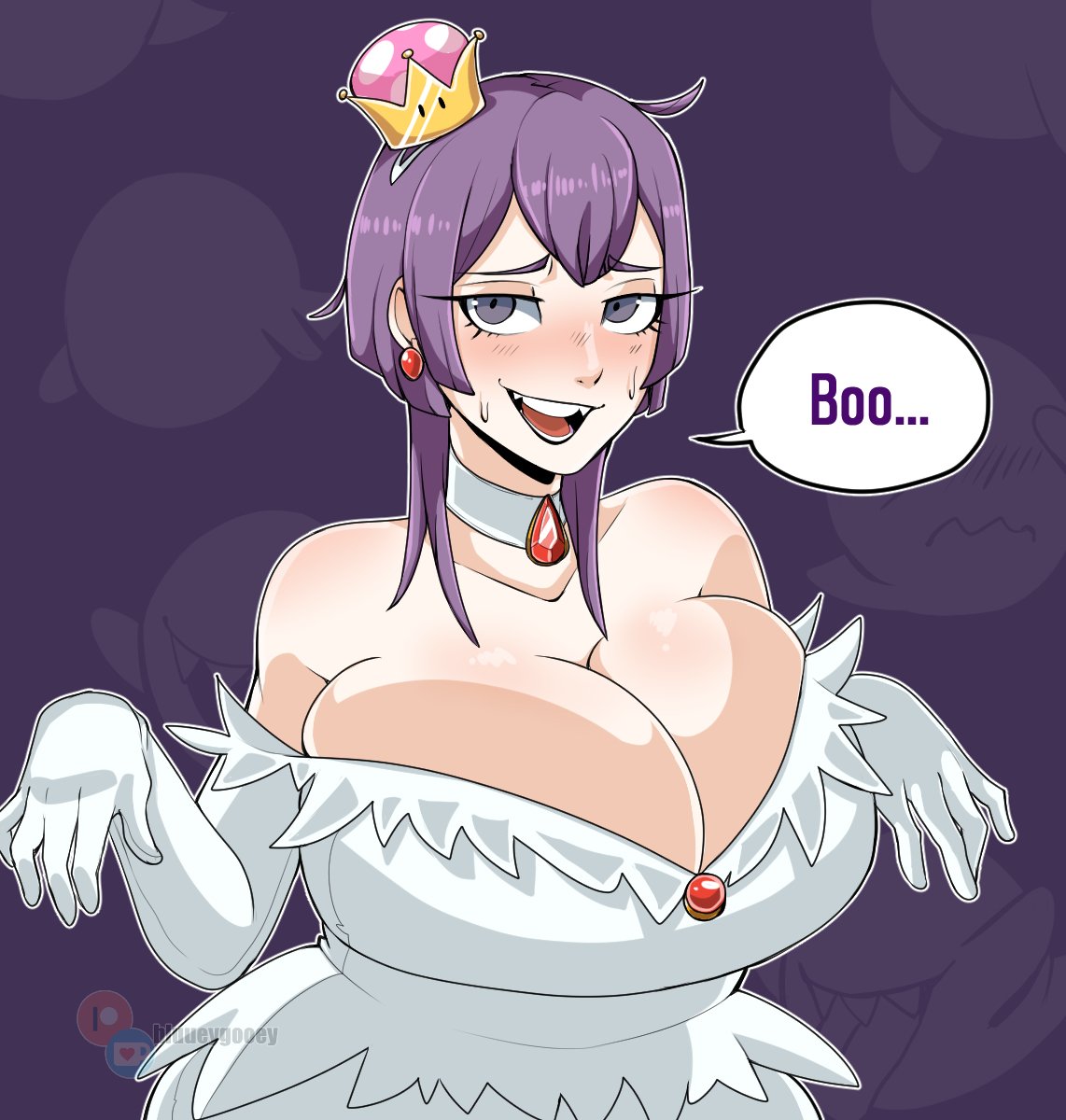 1girls alternate_breast_size alternate_costume bare_shoulders bernadetta_von_varley bluueygooey boosette boosette_(cosplay) breasts bulging_breasts choker chubby cleavage collarbone crossover crown curvy earrings elbow_gloves english_text fire_emblem fire_emblem:_three_houses ghost ghost_girl gloves grey_eyes halloween huge_breasts looking_at_viewer looking_up looking_upward mario_(series) medium_hair nervous nervous_smile nervous_sweat new_super_mario_bros._u_deluxe nintendo open_mouth overflowing_breasts post-timeskip purple_hair smile solo super_crown sweatdrop text voluptuous