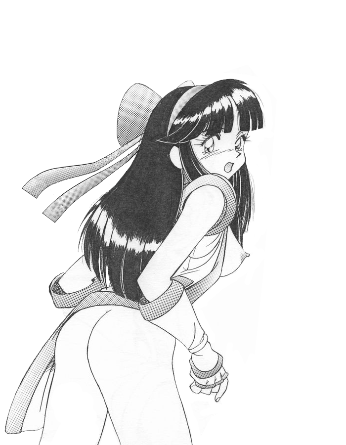 1girls ainu_clothes ass black_hair bottomless female female_only hair_ribbon kame_(artist) long_hair looking_at_viewer looking_back medium_breasts monochrome nakoruru nipples no_bra open_clothes open_mouth samurai_shodown sideboob sitting snk solo surprised