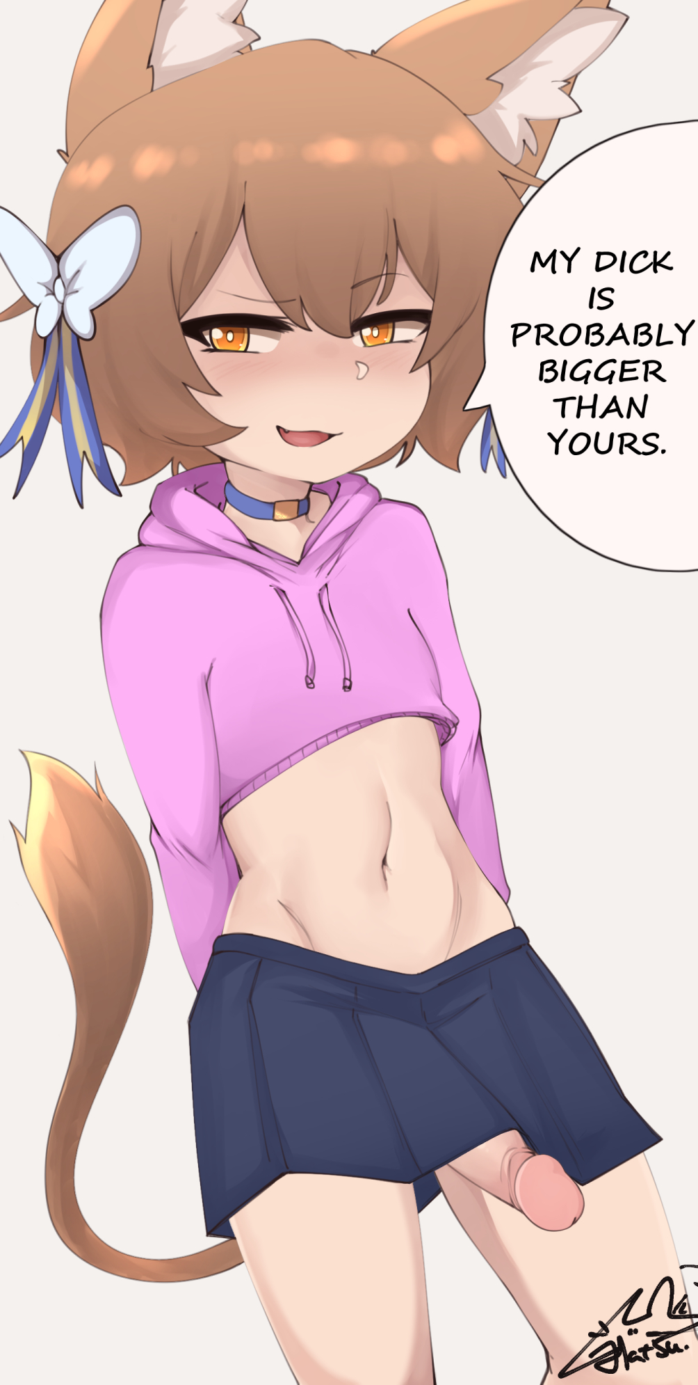 1boy, animal ears, big penis, blush, brown eyes, brown hair, cat boy, cat ears, cat tail, catboy, cropped hoodie, crossdressing, crossdressing male, eye contact, felix argyle, femboy, girly, hatsumiilkshake, humanoid, hung trap, looking at viewer, male, male only, monster boy, penis, re:zero kara hajimeru isekai seikatsu, short hair, skirt, small but hung, solo, solo male, speech bubble, standing, stockings, tail, text, trap is bigger