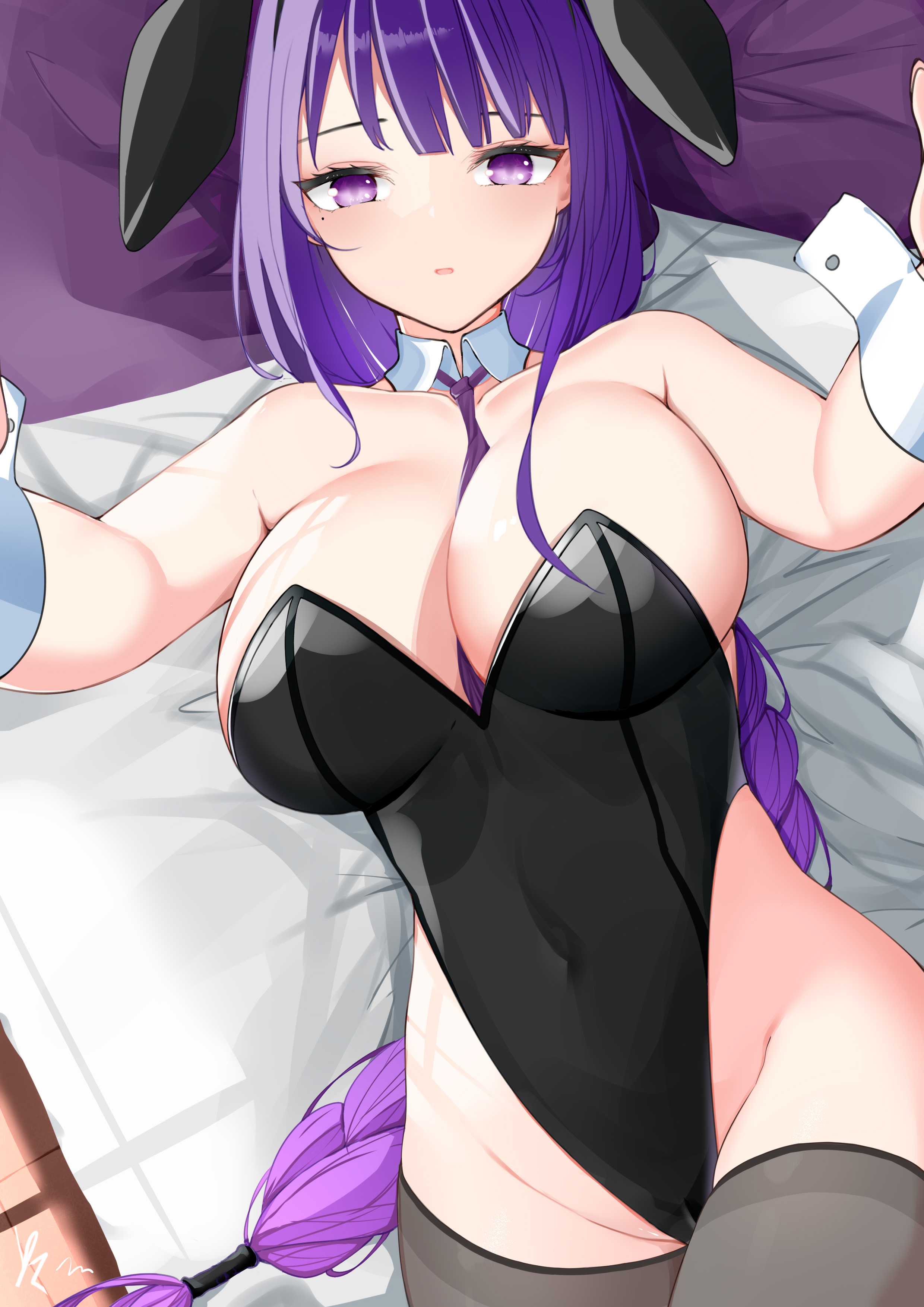 1girls, blush, breasts, bunny ears, bunny girl, bunnysuit, female, genshin impact, large breasts, leotard, purple eyes, purple hair, raiden shogun, thick thighs, thighhighs, thighs, yonzh1cc
