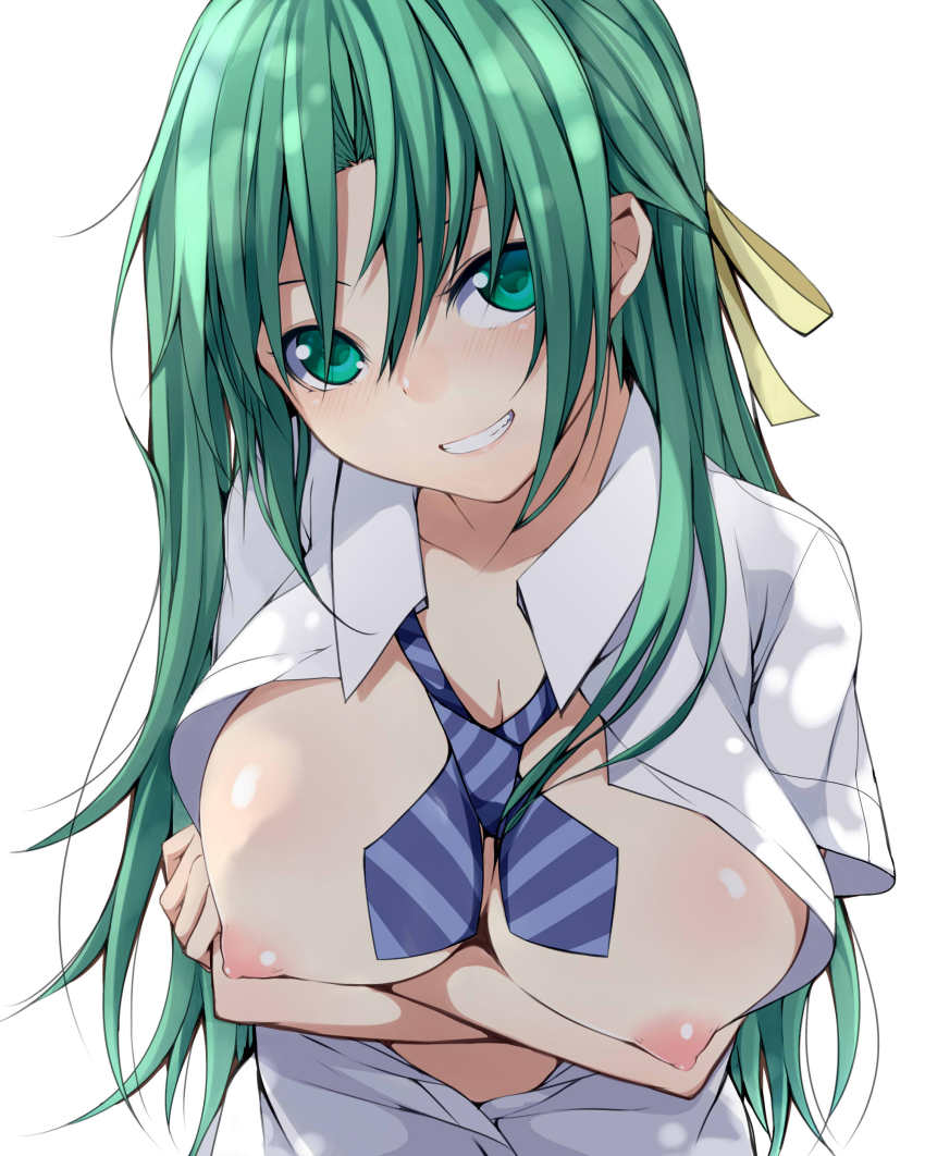 07th_expansion 2014 breast_hold breasts breasts_out female green_eyes green_hair higurashi_no_naku_koro_ni long_hair looking_at_viewer nemu_(nebusokugimi) nipples no_bra shion_sonozaki smile solo solo_female