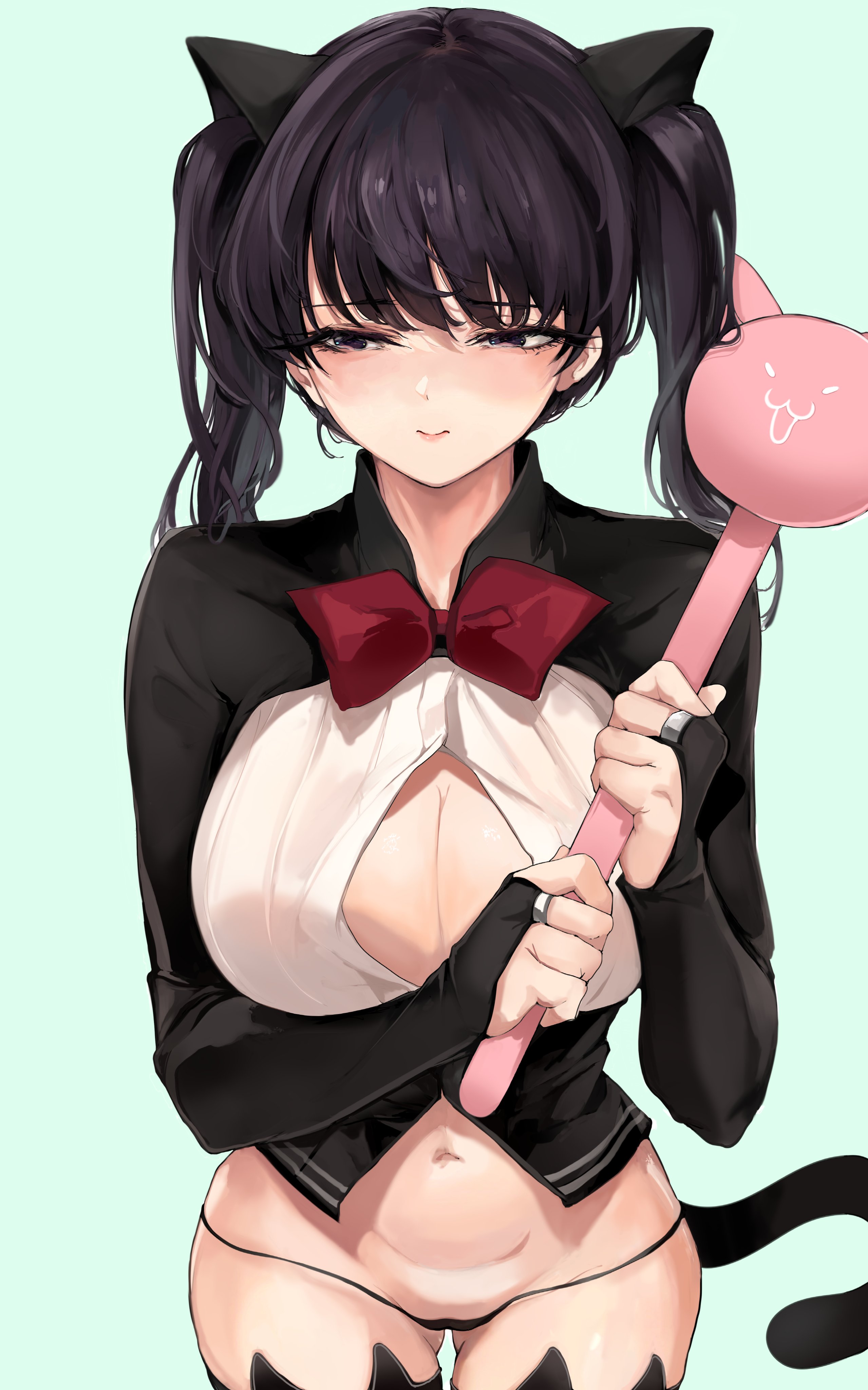 1girls, animal ears, asian, big breasts, black eyes, black hair, breasts, cat ears, cat girl, cat tail, catgirl, cute, dark blue hair, female, fringe, grey eyes, komi shouko, komi-san wa komyushou desu, legwear, light skin, light-skinned female, long hair, mamimi (mamamimi), pale skin, pale-skinned female, petite, purple eyes, purple hair, ribbon, schoolgirl, shy, tagme, teenager, twintails, white background