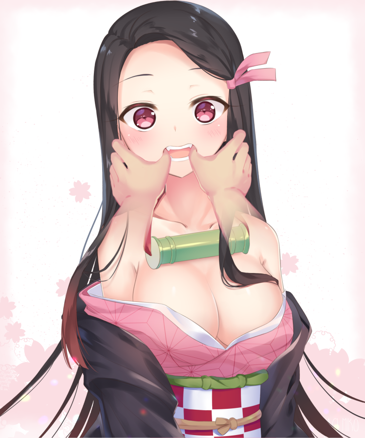 1girls artist_request bare_shoulders black_hair cleavage demon_slayer disembodied_hand disembodied_hands fangs female female_focus fingers_in_mouth fishhooking gag_around_neck gag_bondage gag_removed hair_ribbon haori kamado_nezuko kimetsu_no_yaiba kimono kimono_down long_hair looking_at_viewer medium_breasts obi open_kimono pink_eyes solo_focus usagimiko wide_eyed