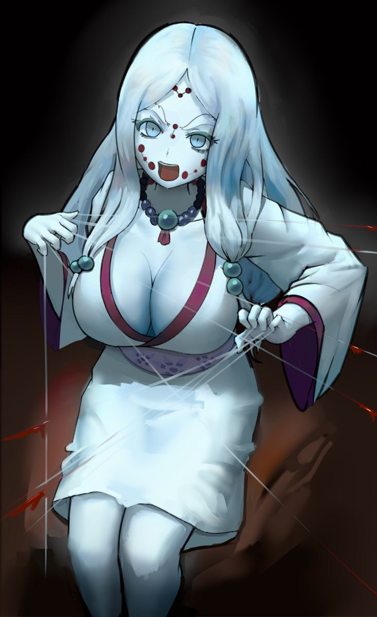 angry, artist request, big breasts, breasts, cleavage, demon, demon girl, demon slayer, facial markings, female, female only, high-angle view, kimetsu no yaiba, kimono, looking at viewer, mother spider demon, necklace, open mouth, silver eyes, sitting, solo, spider girl, thick eyebrows, white hair, white skin