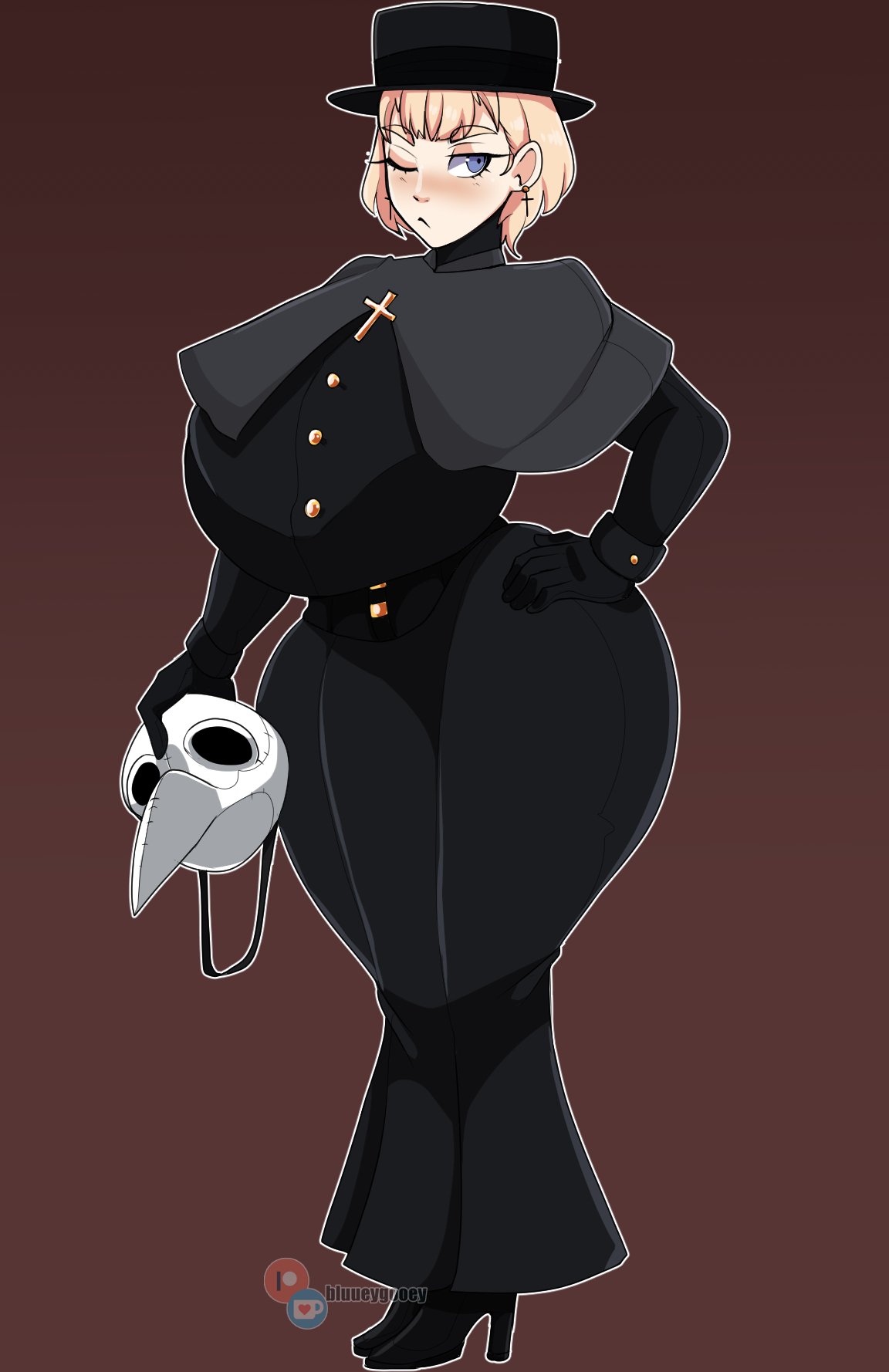 1girls, alternate costume, black dress, blonde hair, blue eyes, bluueygooey, breasts, curvy, dress, earrings, female, fire emblem, fire emblem: three houses, halloween, halloween costume, high heels, hourglass figure, huge breasts, mercedes von martritz, nintendo, one eye closed, plague doctor, post-timeskip, short hair, solo, thick thighs, voluptuous, wide hips