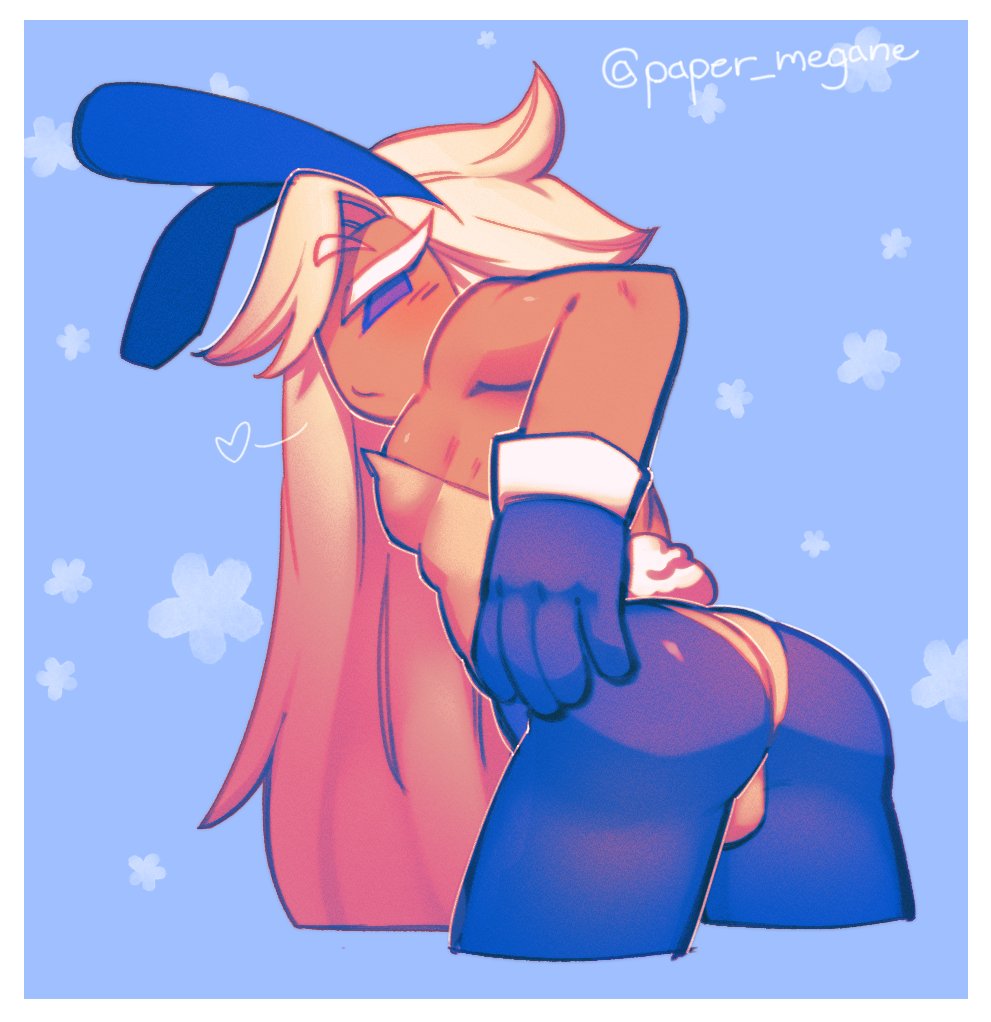 1boy, 2021, androgynous, artist name, artist signature, ass, background, blonde, blonde hair, blue background, blue eyes, bulge, bunny ears, bunny suit, bunny tail, bunnysuit, cookie run, cookie run kingdom, gloves, hair, heart, long hair, looking at viewer, madeleine cookie, male, paper megane, questionable, simple background, twitter username, watermark