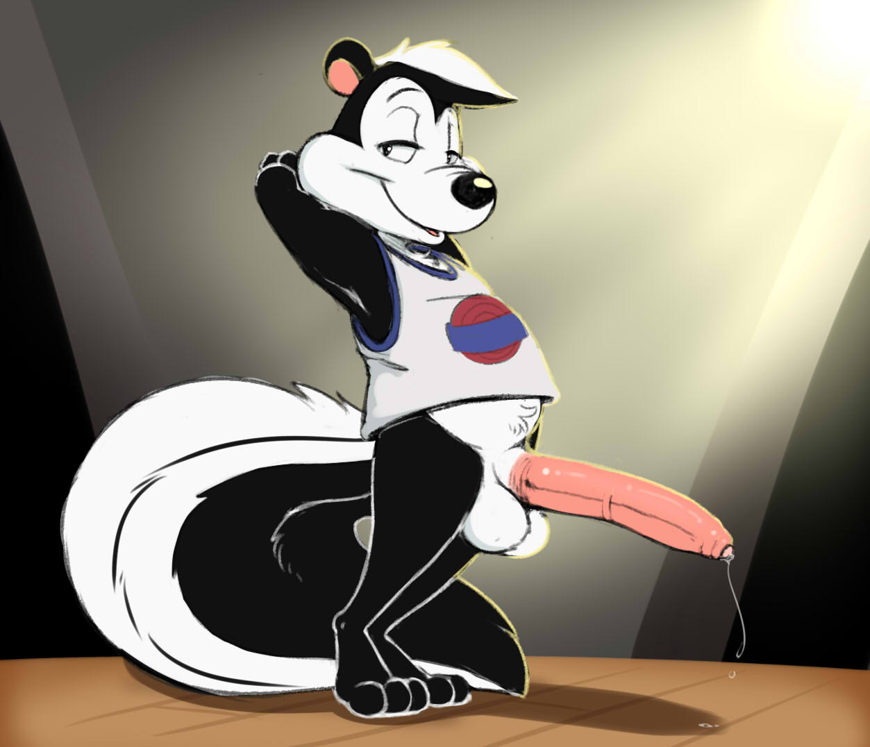 anthro balls big_penis black_body black_fur bodily_fluids bottomless bottomless_male clothed clothing emenius foreskin fur gay genital_fluids genitals looney_tunes male mammal mephitid penis pepé_le_pew precum shirt skunk solo tank_top topwear uncut warner_brothers