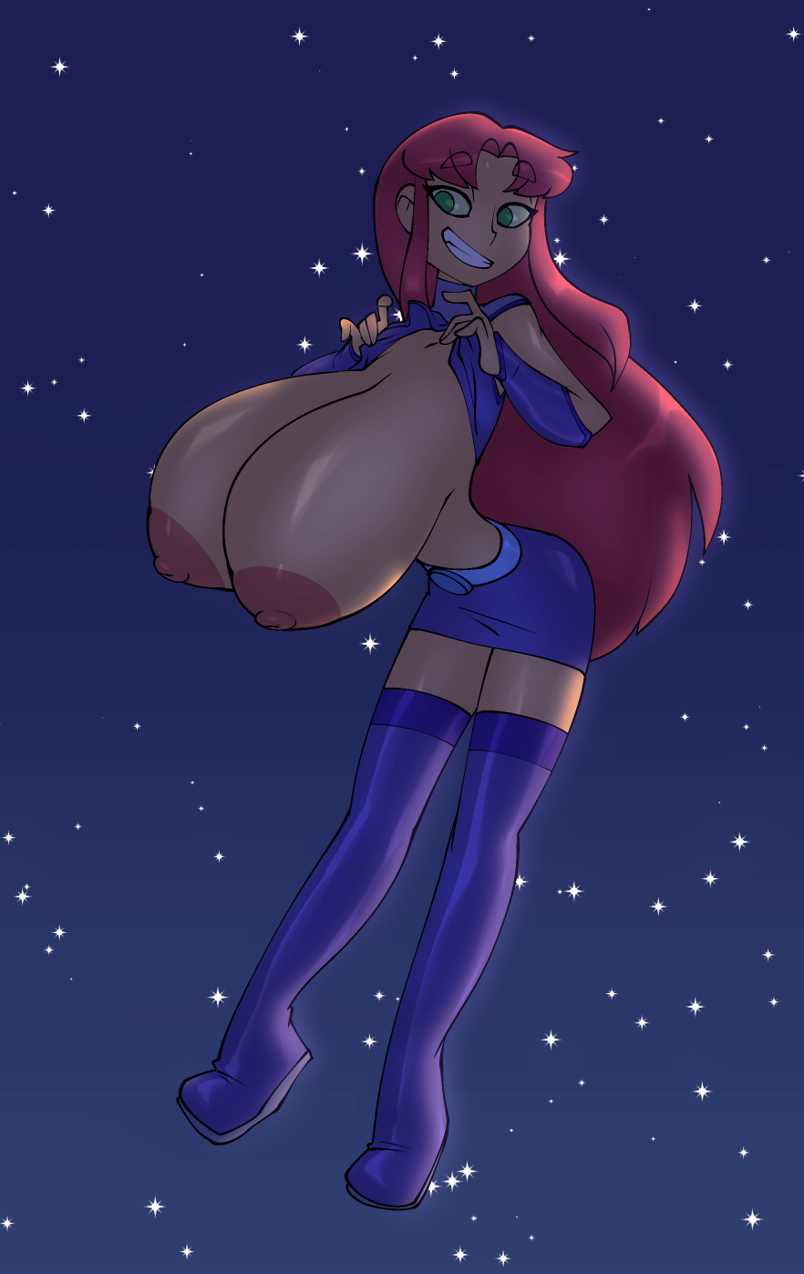 big breasts, bigdad, boots, breasts, busty, curvy, dc, dc comics, female, gigantic breasts, green eyes, huge breasts, koriand'r, large areolae, large breasts, long hair, red hair, starfire, teen titans, thighhighs