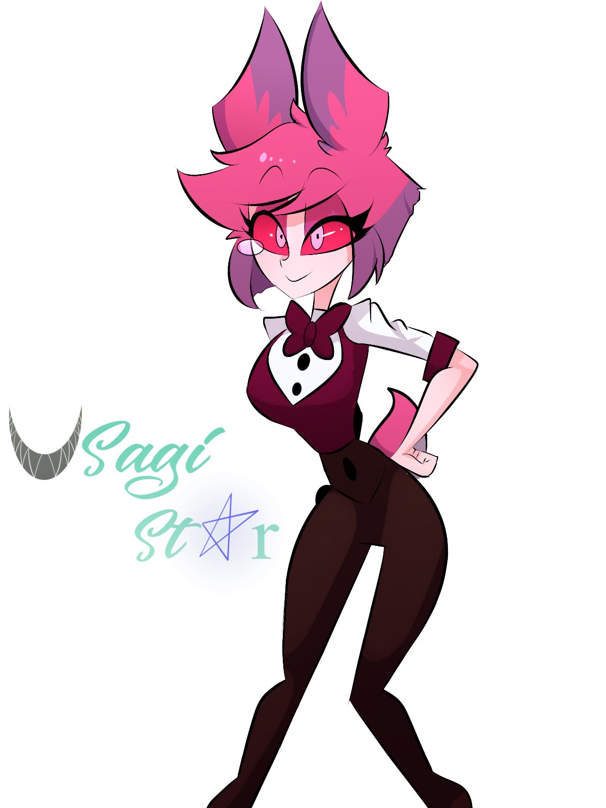1girls, alastor (hazbin hotel), bowtie, breasts, clothed, demon, female, female alastor, female only, hazbin hotel, humanoid, medium breasts, neckwear, outerwear, pink eyes, pink hair, pink skin, red sclera, rule 63, smooth skin, solo, solo female, tail, thick thighs, tight fit, tiny waist, tuxedo, usagi star