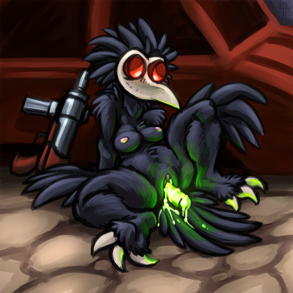 1:1 anthro avian bird bodily_fluids breasts corvid corvus_(genus) crow digital_media_(artwork) feathers female genital_fluids genitals improvised_dildo improvised_sex_toy khass nipples nuclear_throne nude oscine passerine raven_(bird) raven_(nuclear_throne) solo weapon