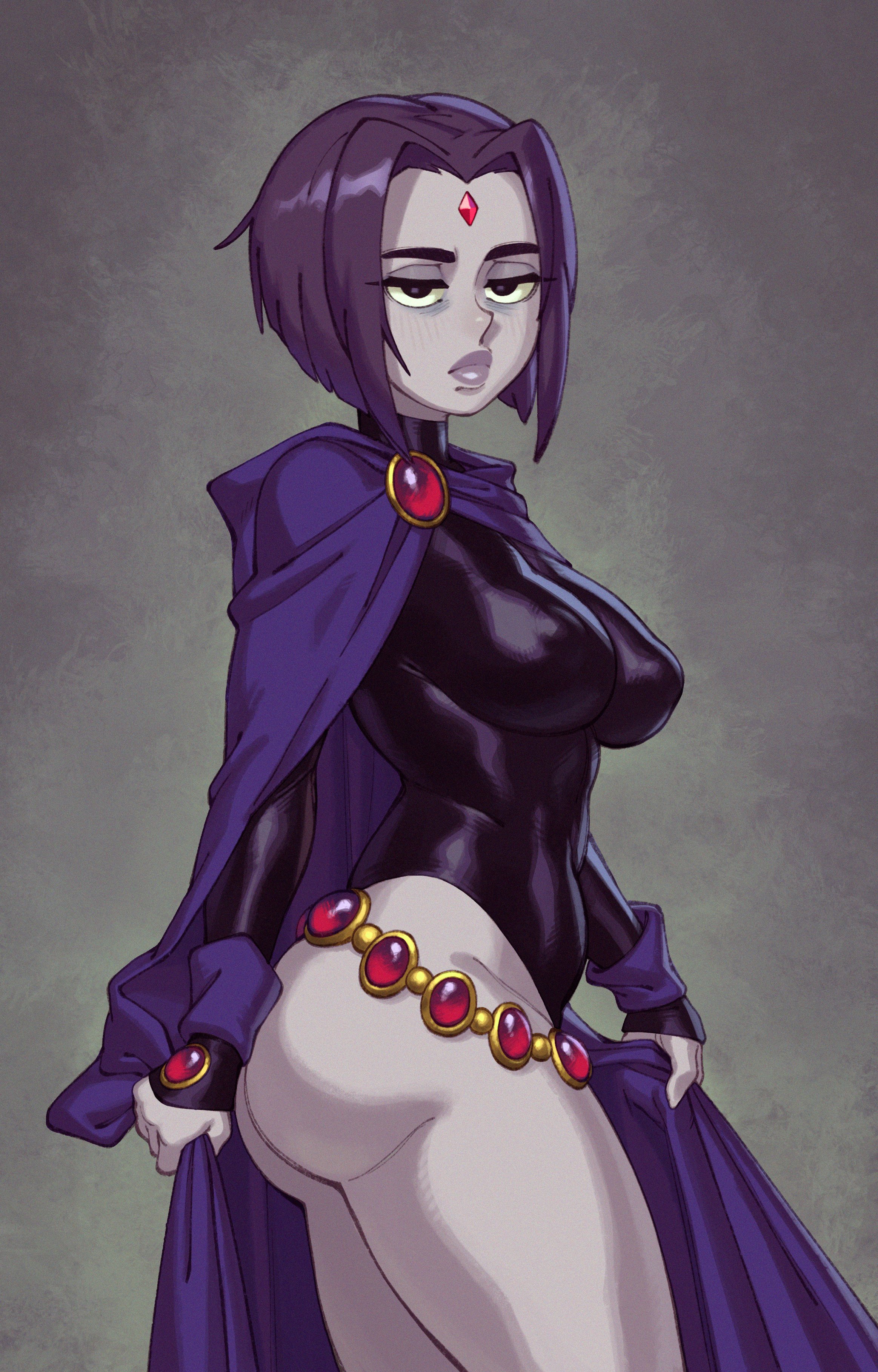 1girls, 2022, alternate breast size, ass, bags under eyes, belt, big ass, big breasts, bored, breasts, bubble ass, bubble butt, cape, casual, cloak, clothed, clothing, dc, dc comics, exposed ass, eyes half open, female, female focus, female only, forehead jewel, half-closed eyes, human, large breasts, leotard, lidded eyes, looking at viewer, outerwear, pale skin, purple hair, rachel roth, raven (dc), rizdraws, smooth skin, solo, solo female, teen titans, thick thighs, thighs, tired, unhappy female, wristwear