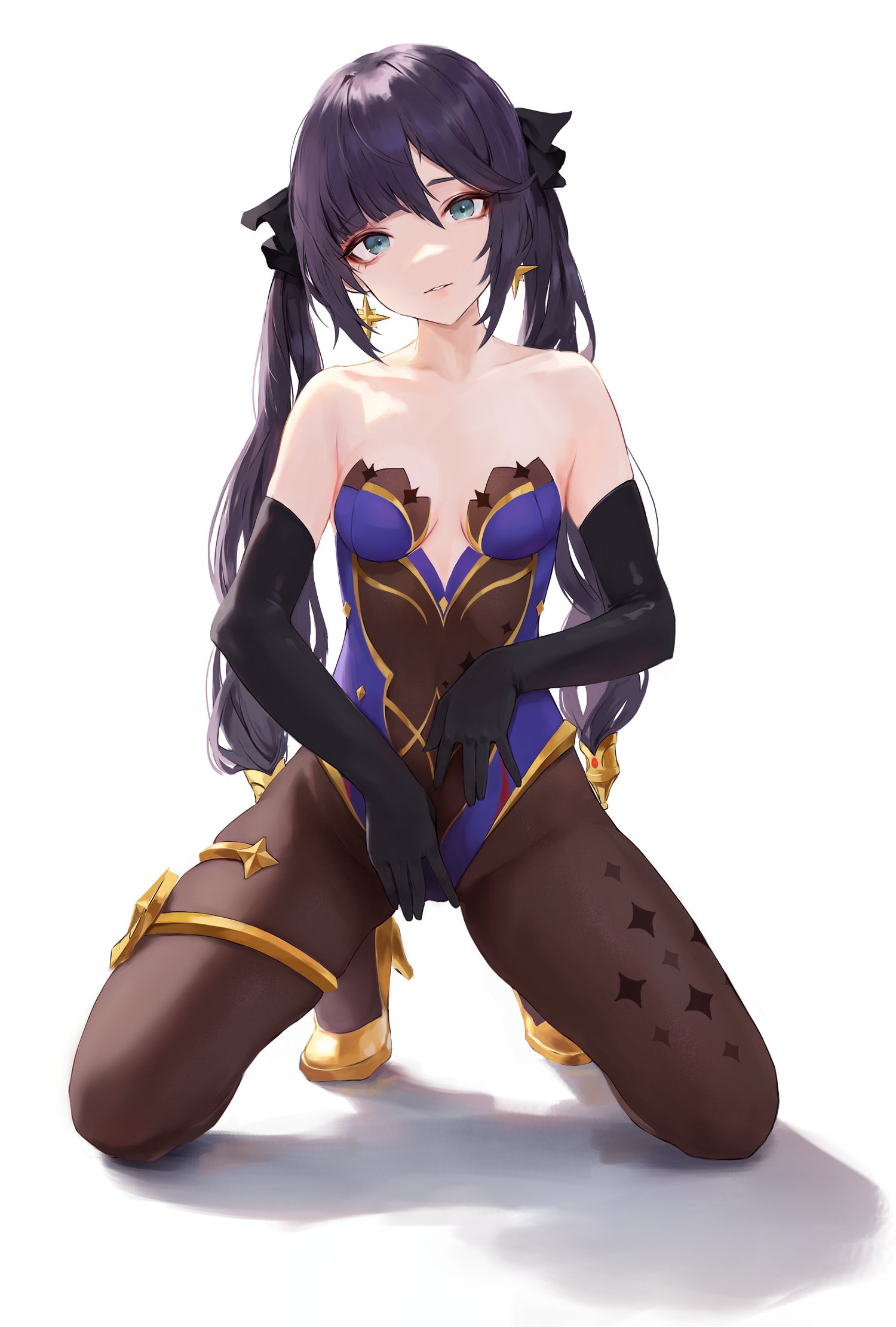 1girls, arm gloves, bad id, black hair, blue eyes, bodystocking, female, female only, genshin impact, heels, hi res, kneeling, leviathan (hikinito0902), long hair, looking at viewer, mona (genshin impact), shadow, solo, solo female, tiptoes, twintails, white background