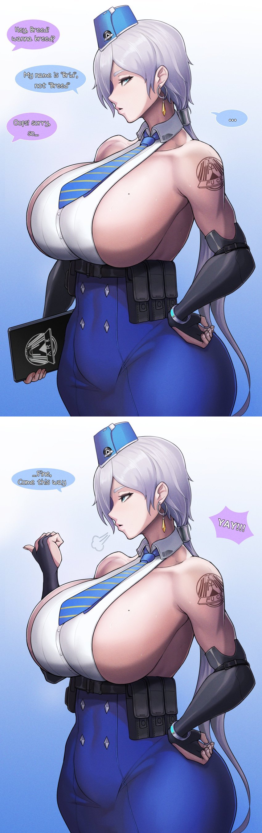 absurd res, breasts, brid (nikke), clothes, earrings, emotionless, emotionless female, female, goddess of victory: nikke, huge breasts, indifference, indifferent, kingbang, long skirt, parody, side view, sideboob, skirt, speaking, speaking to viewer, tattoo, tomboy, unamused, uncaring female, uninterested female, voluptuous, voluptuous female, white hair