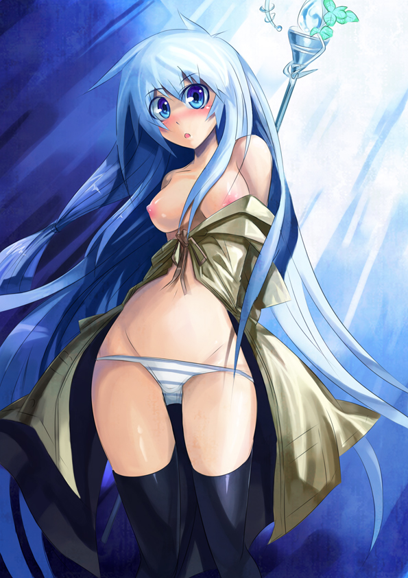 1girls blue_eyes blue_hair breasts charmers duel_monster eria eria_the_water_charmer long_hair ndotti1 panties solo staff striped striped_panties thighhighs topless underwear underwear_only undressing yu-gi-oh! yuu-gi-ou yuu-gi-ou_duel_monsters