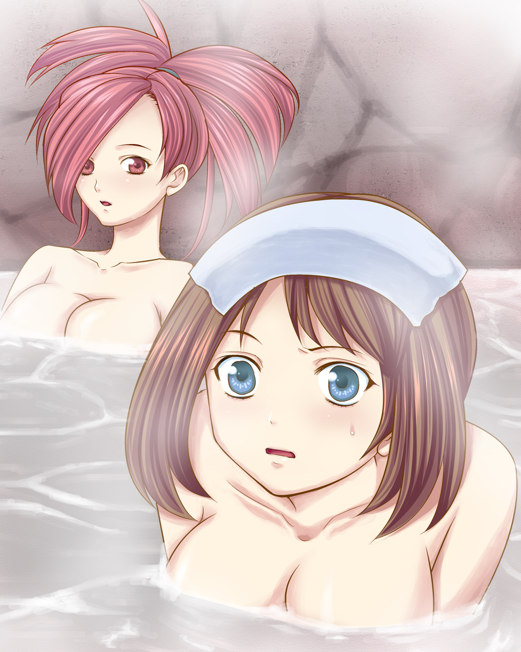 2girls aikawa5 bad_id bath blue_eyes blush breasts brown_hair cleavage female flannery_(pokemon) gym_leader highres human human_only may_(pokemon) nintendo nude nude_female onsen pokemon pokemon_rse red_eyes red_hair sweat sweatdrop towel towel_on_head water yuri