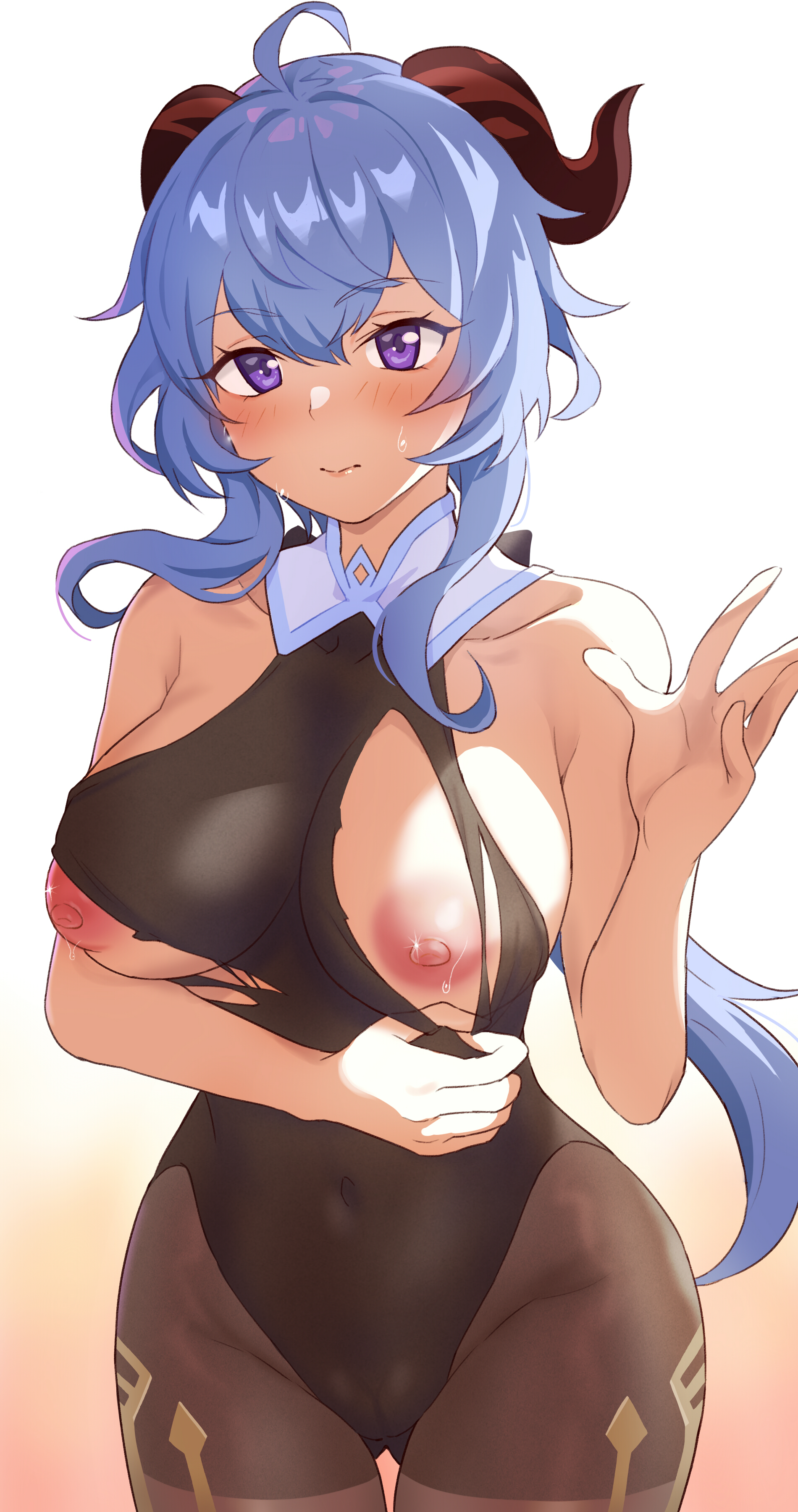 1girls, ahoge, arms under breasts, bangs, bare shoulders, big breasts, black legwear, blue hair, blush, bodystocking, bow, breasts, cameltoe, collarbone, female, ganyu (genshin impact), genmon, genshin impact, horns, leotard, long hair, looking at viewer, nipples, pantyhose, ponytail, pussy, solo, sweat, torn clothes