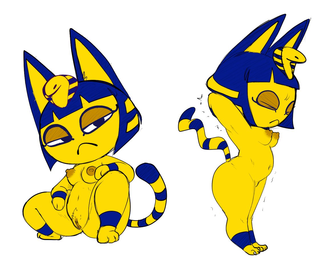 1girls, 2021, 2d, animal crossing, ankha, ankha (animal crossing), anthro, ass, blue hair, breasts, closed eyes, crouching, domestic cat, doubutsu no mori, egyptian, felid, feline, felis, female, female only, front view, frown, fur, furry, furry only, genitals, hair, hands behind head, hexanne, looking at viewer, mammal, markings, nairu (doubutsu no mori), naked, narrowed eyes, nintendo, nipples, nude, pussy, side view, simple background, solo, squint, standing, stretching, striped markings, striped tail, stripes, tail, tail markings, video games, white background, yellow body