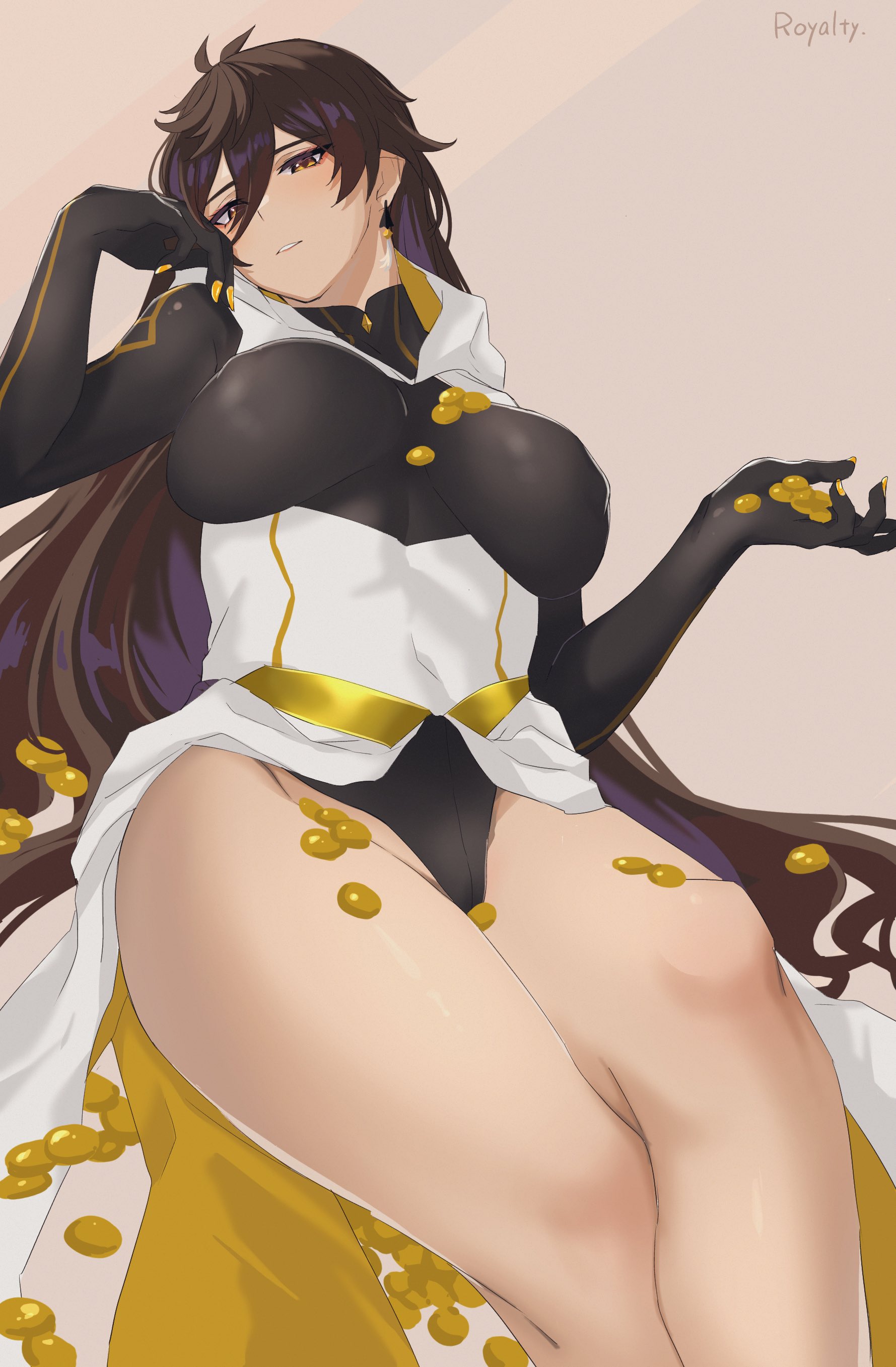 1girls, absurdres, bangs, black leotard, blush, breasts, brown eyes, brown hair, coin, covered nipples, crossed legs, earrings, female, female only, genderswap, genderswap (mtf), genshin impact, hair between eyes, highres, holding, hood, hood down, jewelry, large breasts, leotard, long hair, looking at viewer, nail polish, pe1077, rule 63, simple background, single earring, sitting, solo, thighs, yellow nails, zhongli (genshin impact), zhongli jiejie