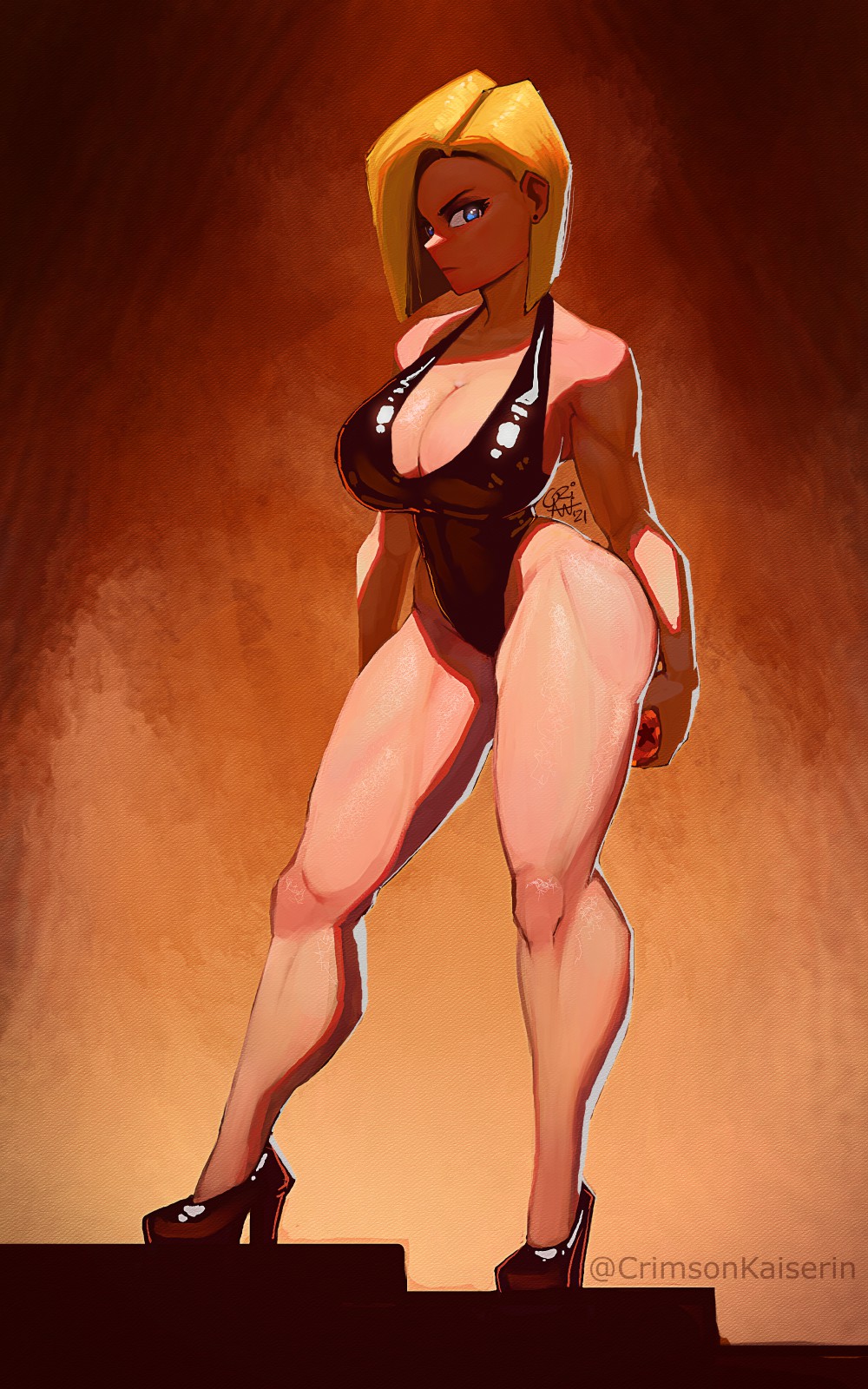 1girls, alternate version available, android 18, big breasts, blonde hair, blue eyes, breasts, crimson kaiserin, dragon ball, eye contact, female, large breasts, looking at viewer, short hair, standing, swimsuit, thick thighs