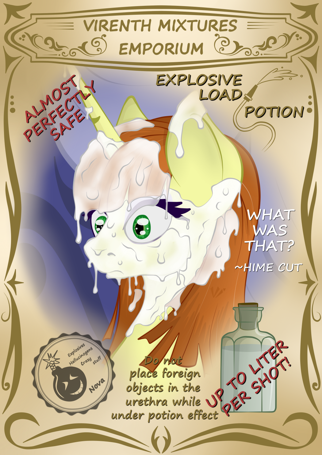 advertisement bodily_fluids bukkake cum cum_in_hair cum_on_face english_text equid equine excessive_cum fan_character female feral genital_fluids hair hasbro hi_res hime_cut_(character) horn horse mammal my_little_pony pony potion shocked solo text unicorn virenth