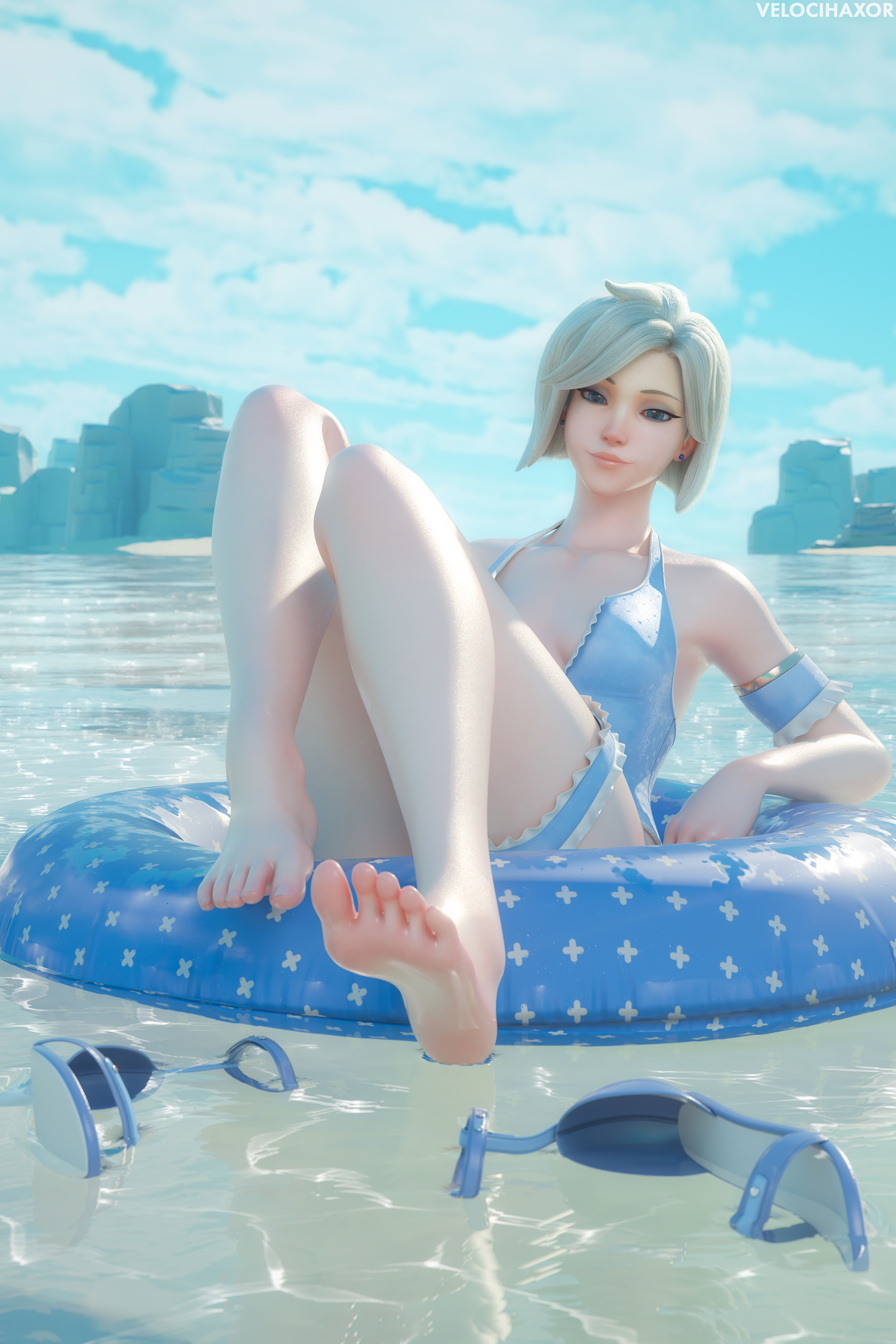 1girls, 3d, barefoot, blonde, blonde hair, blue eyes, breasts, cleavage, feet, female, female only, foot fetish, high heels, innertube, leotard, looking at viewer, mercy, overwatch, sandals, shoes, solo, toes, velocihaxor, water