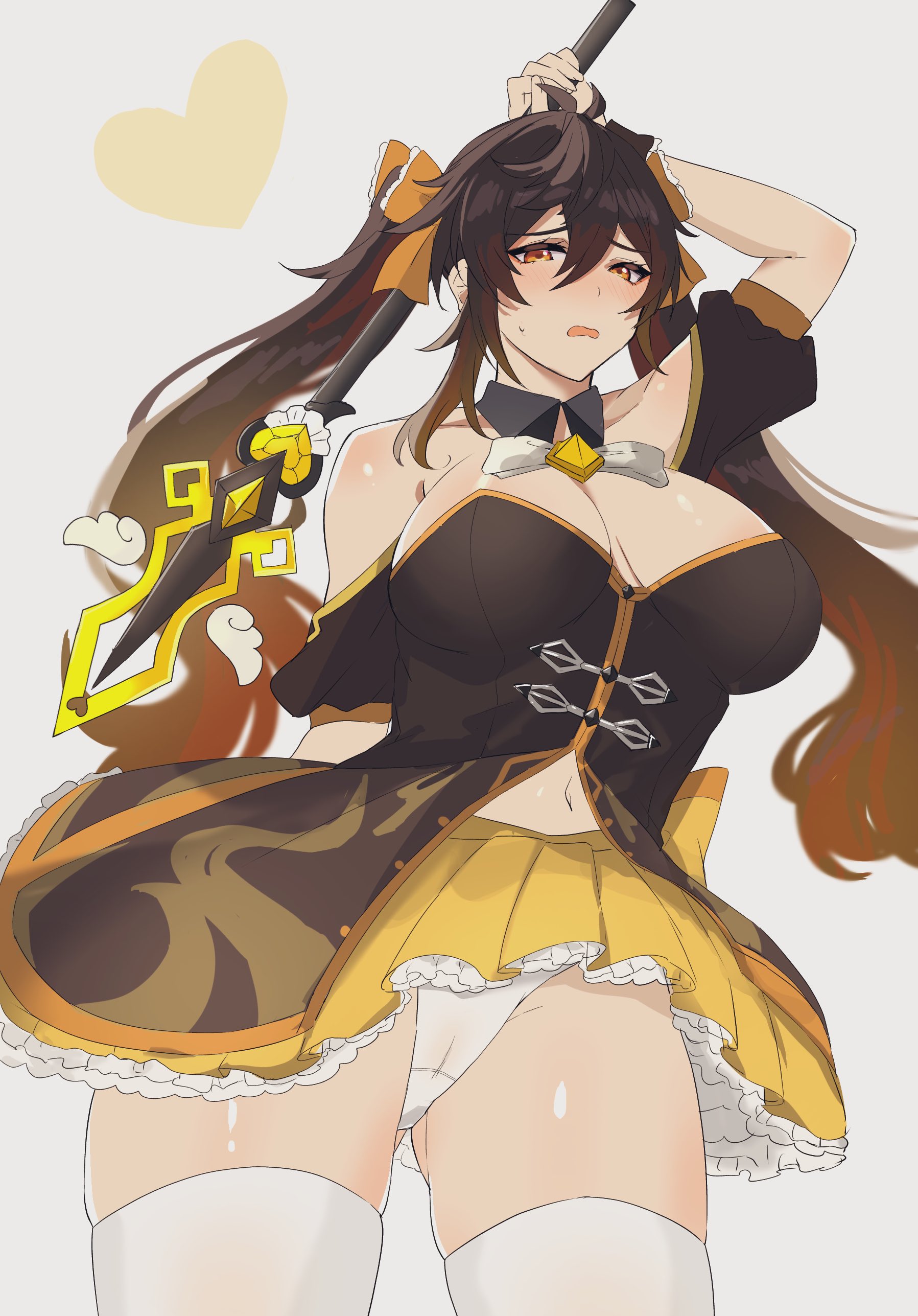 1girls, absurdres, adapted costume, bangs, black hair, blush, breasts, brown hair, female, female only, frills, genderswap, genderswap (mtf), genshin impact, gradient hair, grey background, hair between eyes, hair ribbon, heart, highres, holding, holding weapon, long hair, looking at viewer, multicolored hair, navel, open mouth, orange eyes, orange ribbon, panties, pe1077, pleated skirt, polearm, ribbon, rule 63, sidelocks, simple background, skirt, solo, spear, sweat, thighhighs, twintails, underwear, weapon, white legwear, white panties, yellow skirt, zhongli (genshin impact), zhongli jiejie