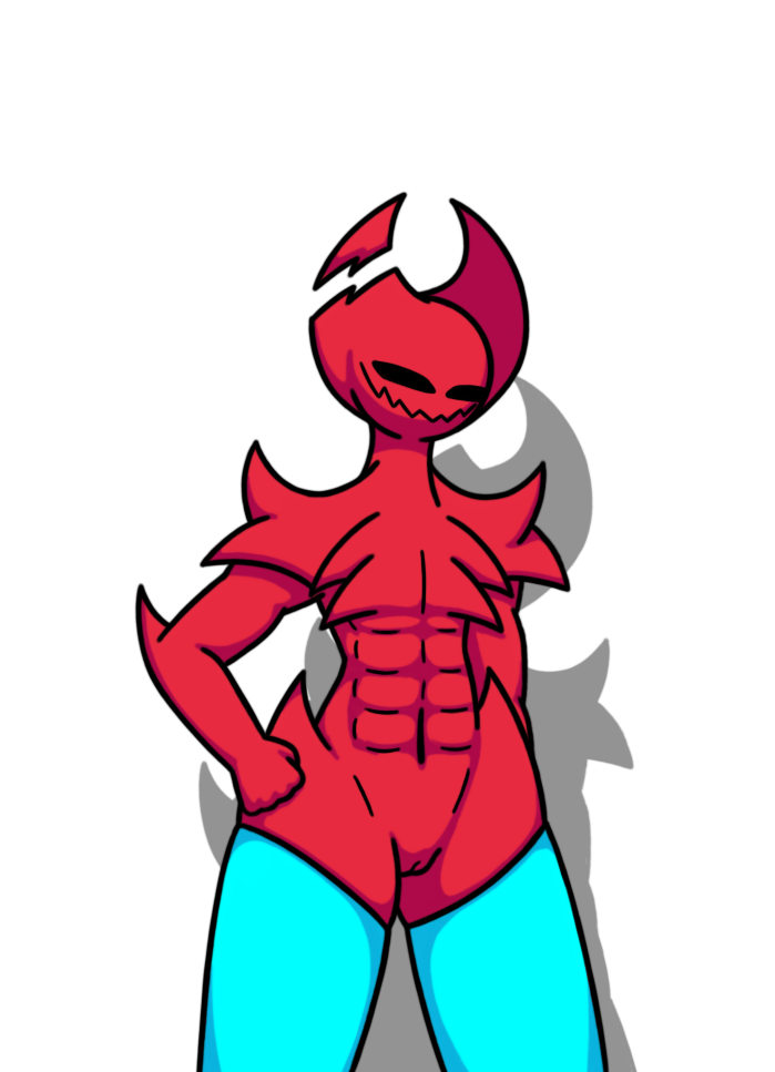 2021 abs agkelite alpha_channel avacon_(literallyjumble) bald black_eyes black_sclera blue_clothing cel_shading clothed clothing cracked_horn curved_horn demon digital_media_(artwork) female genitals hand_on_hip horn humanoid legwear legwear_only literallyjumble muscular muscular_female pussy red_body shaded smile spikes tagme thick_thighs thigh_highs